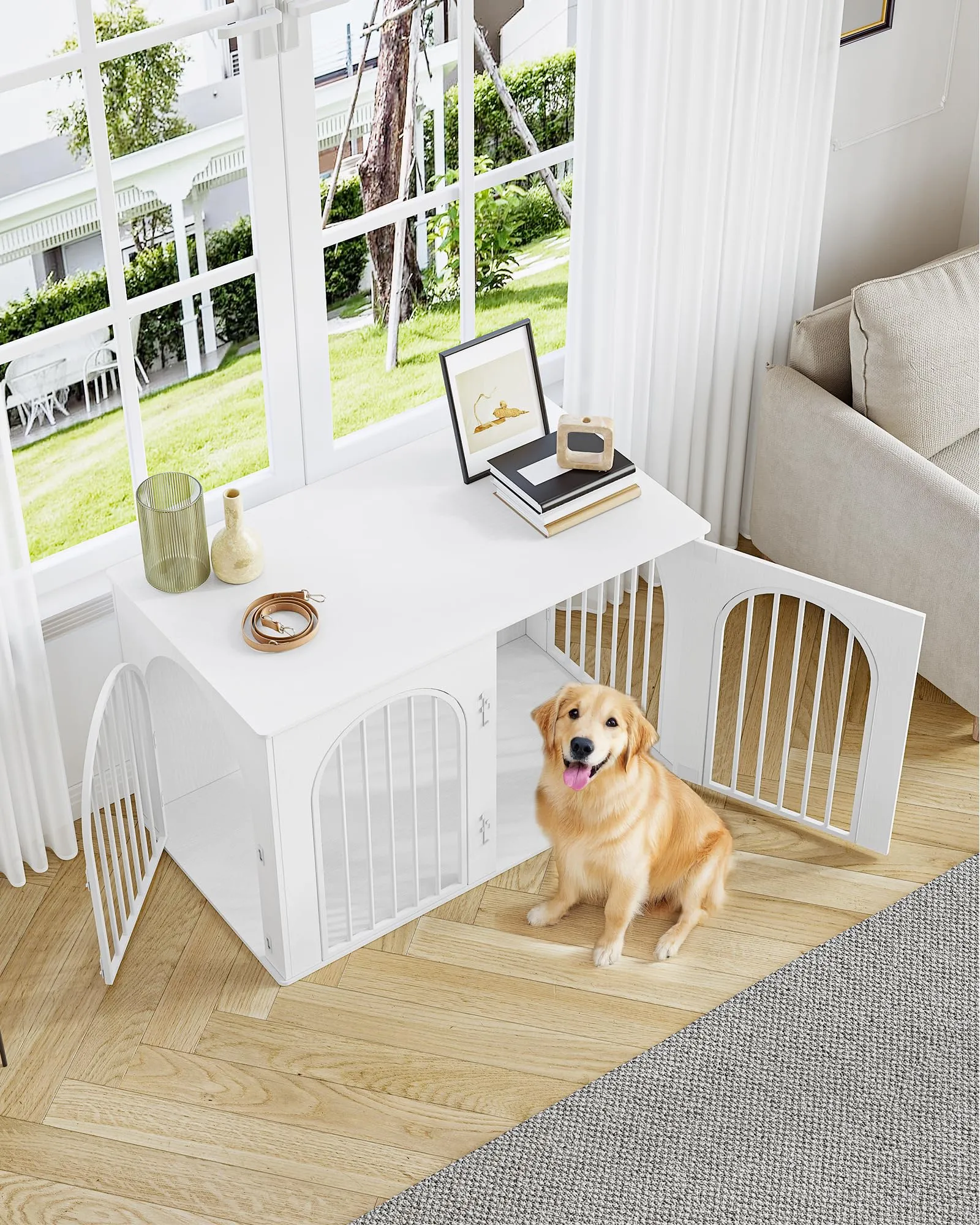 Hzuaneri Gabbia per Cani con Tavolo Supplemento, Cuccia Interna 3 Porte, Porta ad Arco, 64 x 108 x 76 cm, Bianco DFC86013W - immagine 6