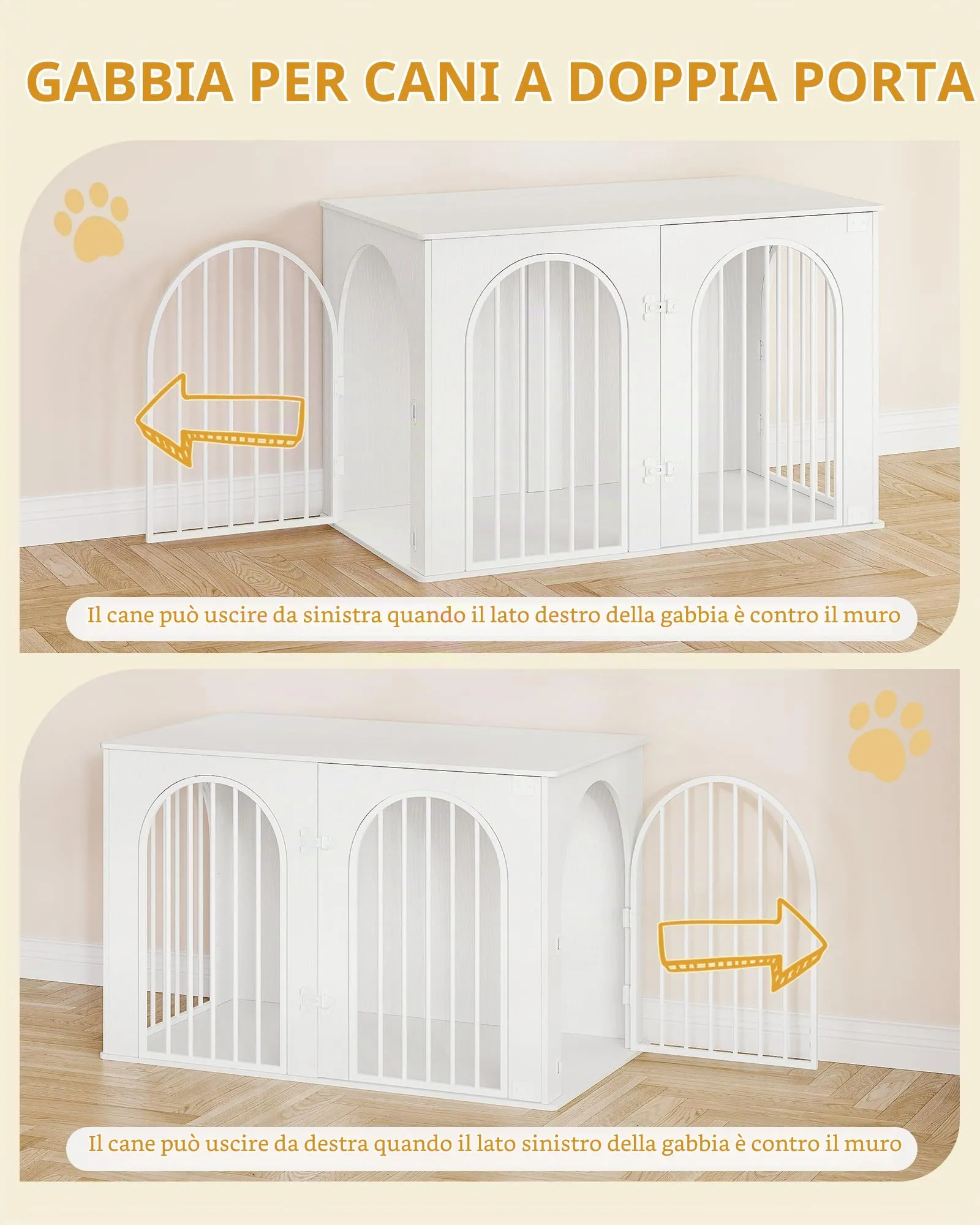 Hzuaneri Gabbia per Cani con Tavolo Supplemento, Cuccia Interna 3 Porte, Porta ad Arco, 64 x 108 x 76 cm, Bianco DFC86013W - immagine 7