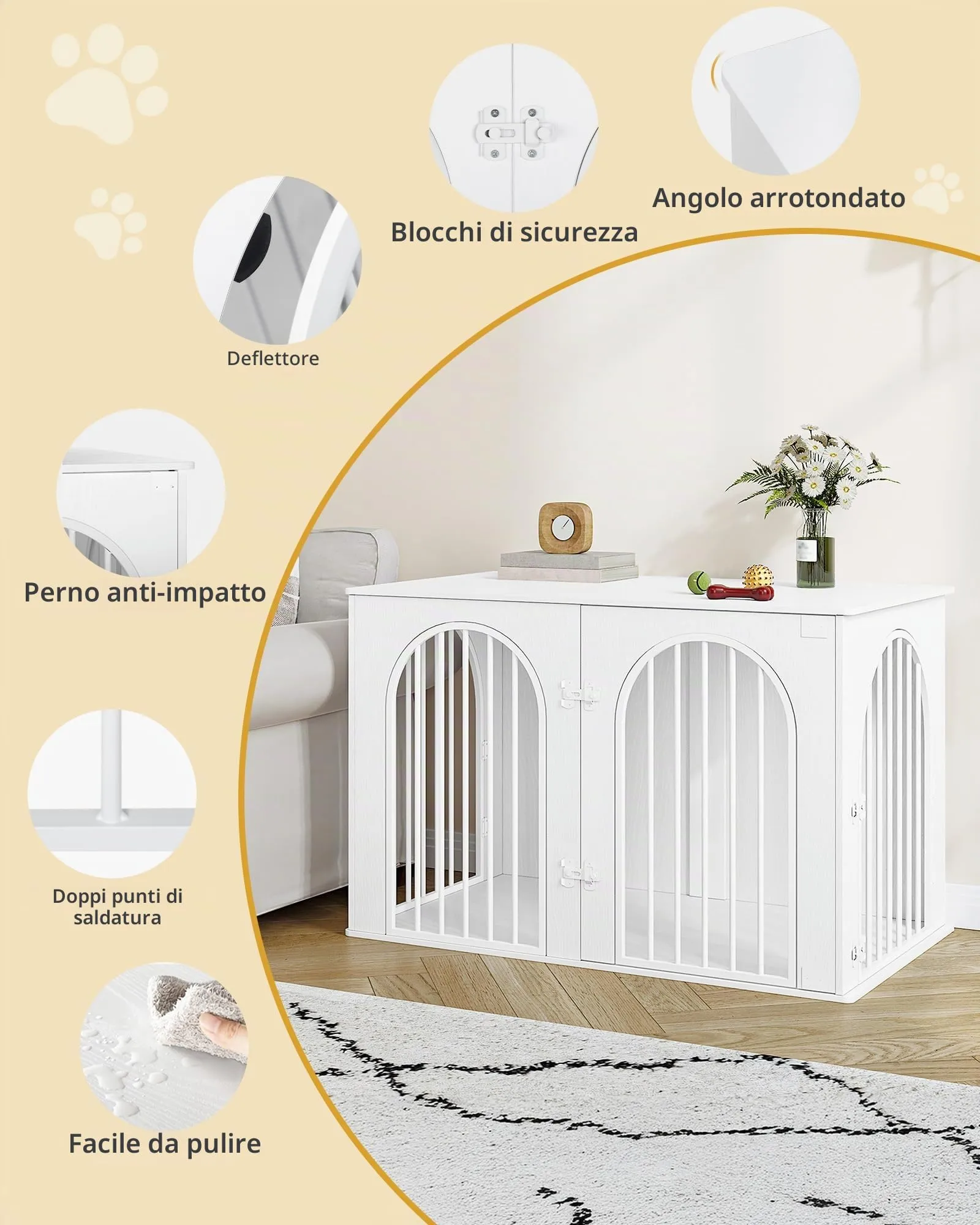 Hzuaneri Gabbia per Cani con Tavolo Supplemento, Cuccia Interna 3 Porte, Porta ad Arco, 64 x 108 x 76 cm, Bianco DFC86013W - immagine 8