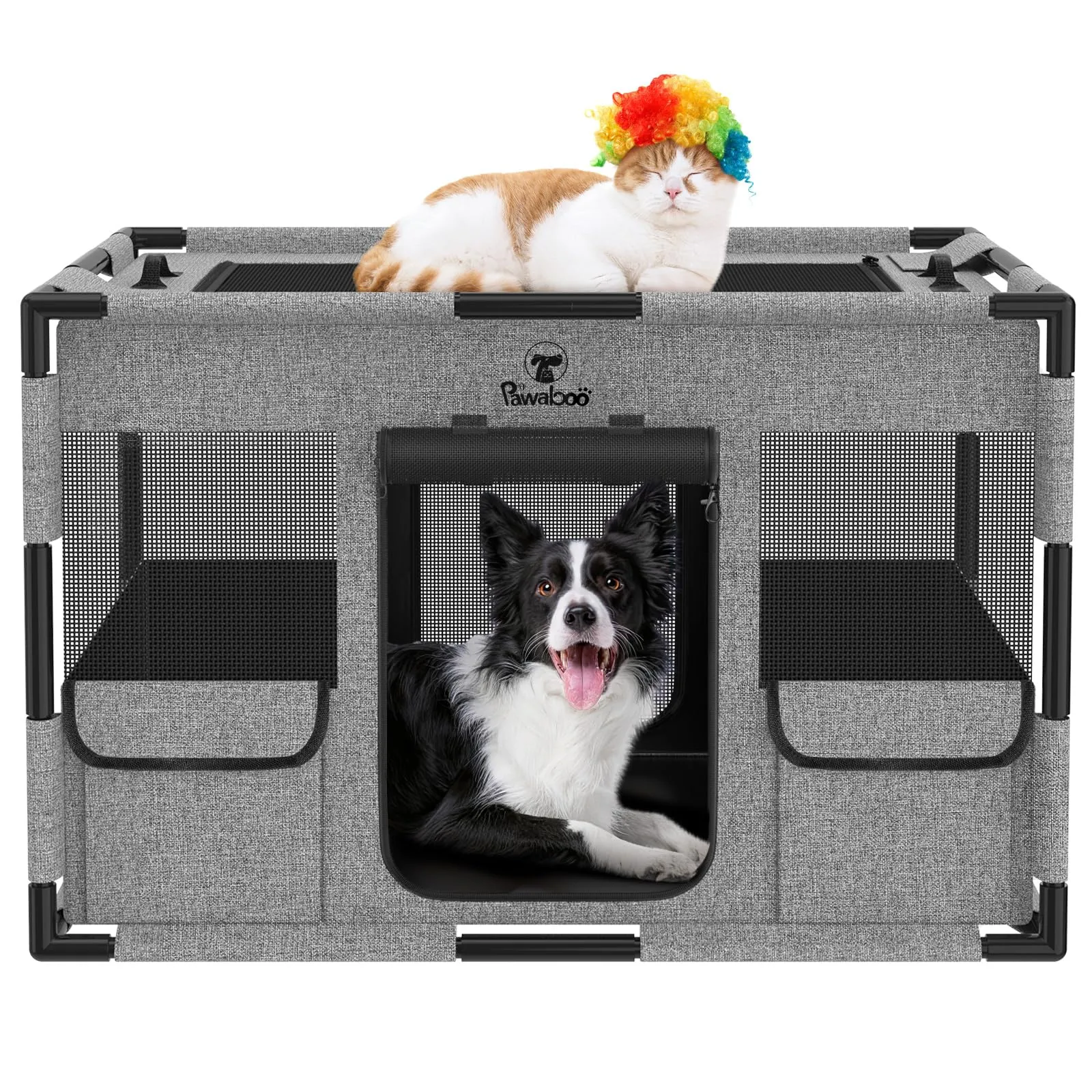 Pawaboo Recinto Cani Portatile con Tetto e Porta, M, Grigio/Nero - immagine 1