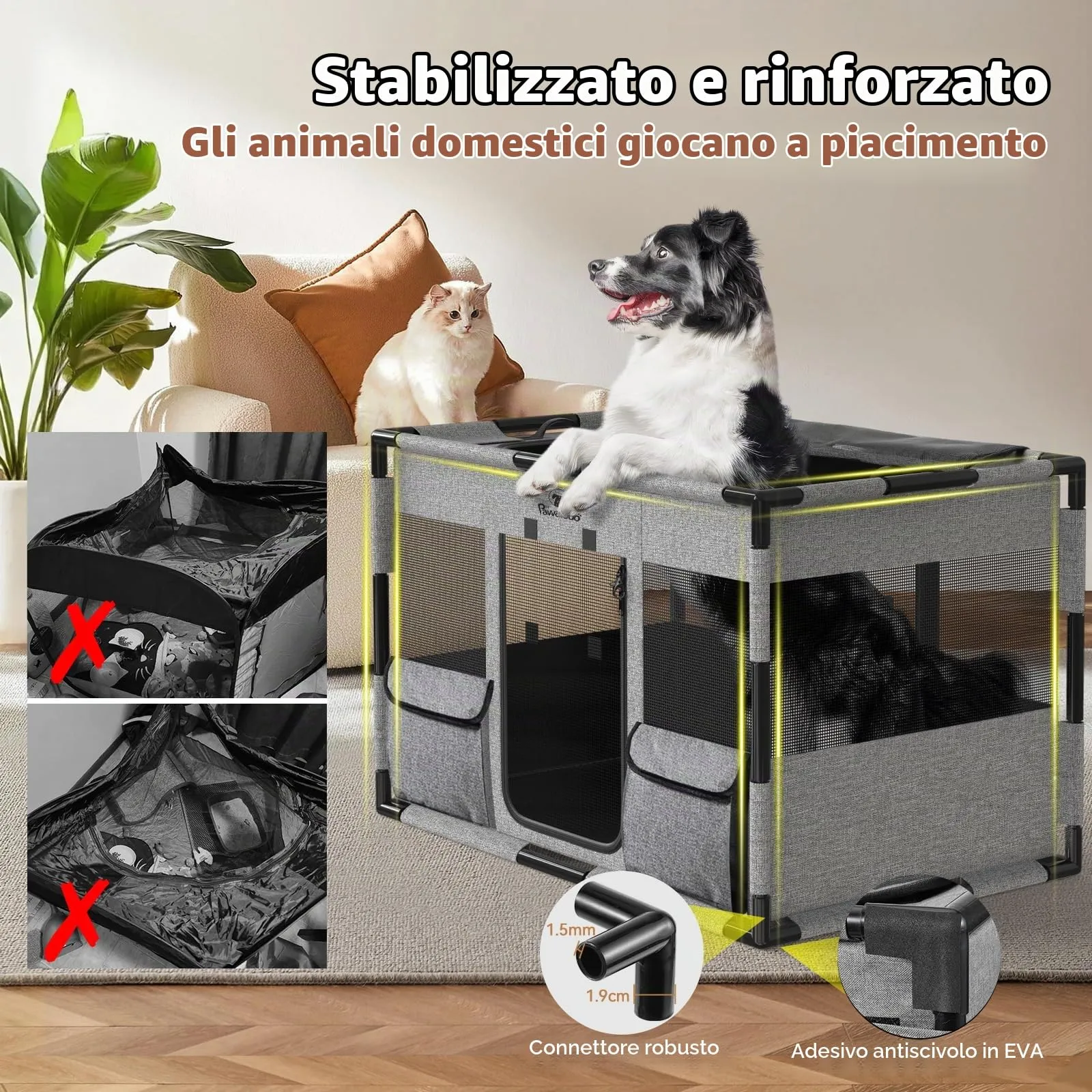 Pawaboo Recinto Cani Portatile con Tetto e Porta, M, Grigio/Nero - immagine 3