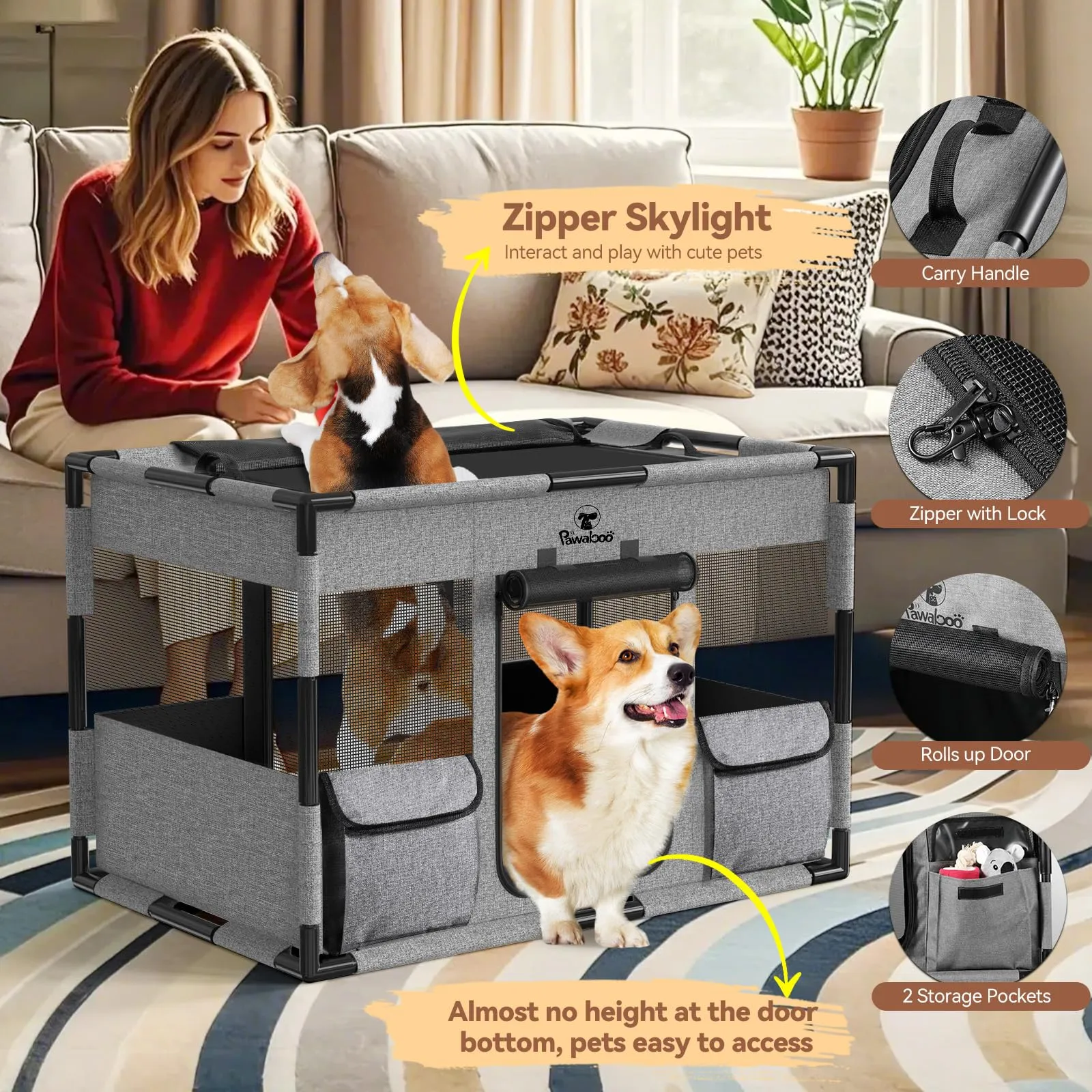Pawaboo Recinto Cani Portatile con Tetto e Porta, M, Grigio/Nero - immagine 4