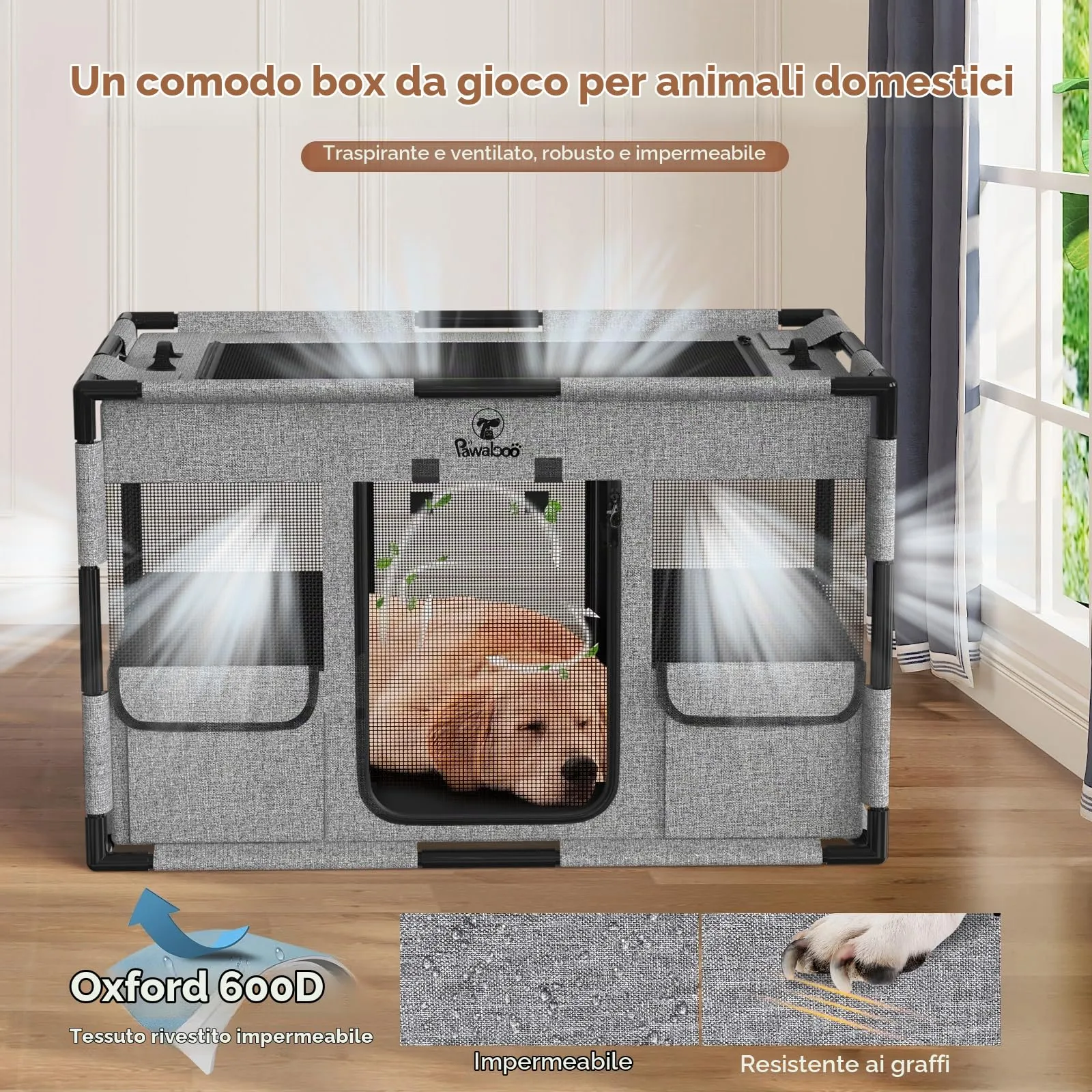 Pawaboo Recinto Cani Portatile con Tetto e Porta, M, Grigio/Nero - immagine 5
