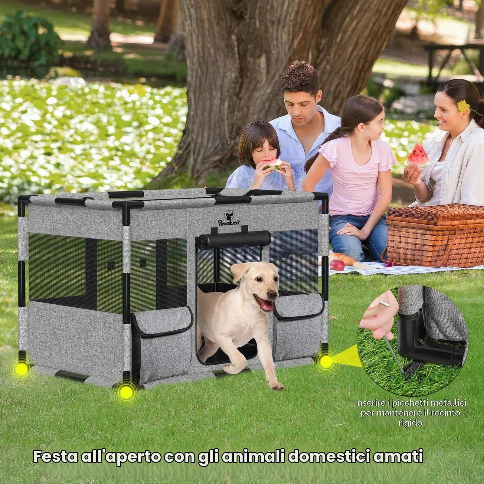 Pawaboo Recinto Cani Portatile con Tetto e Porta, M, Grigio/Nero - immagine 6