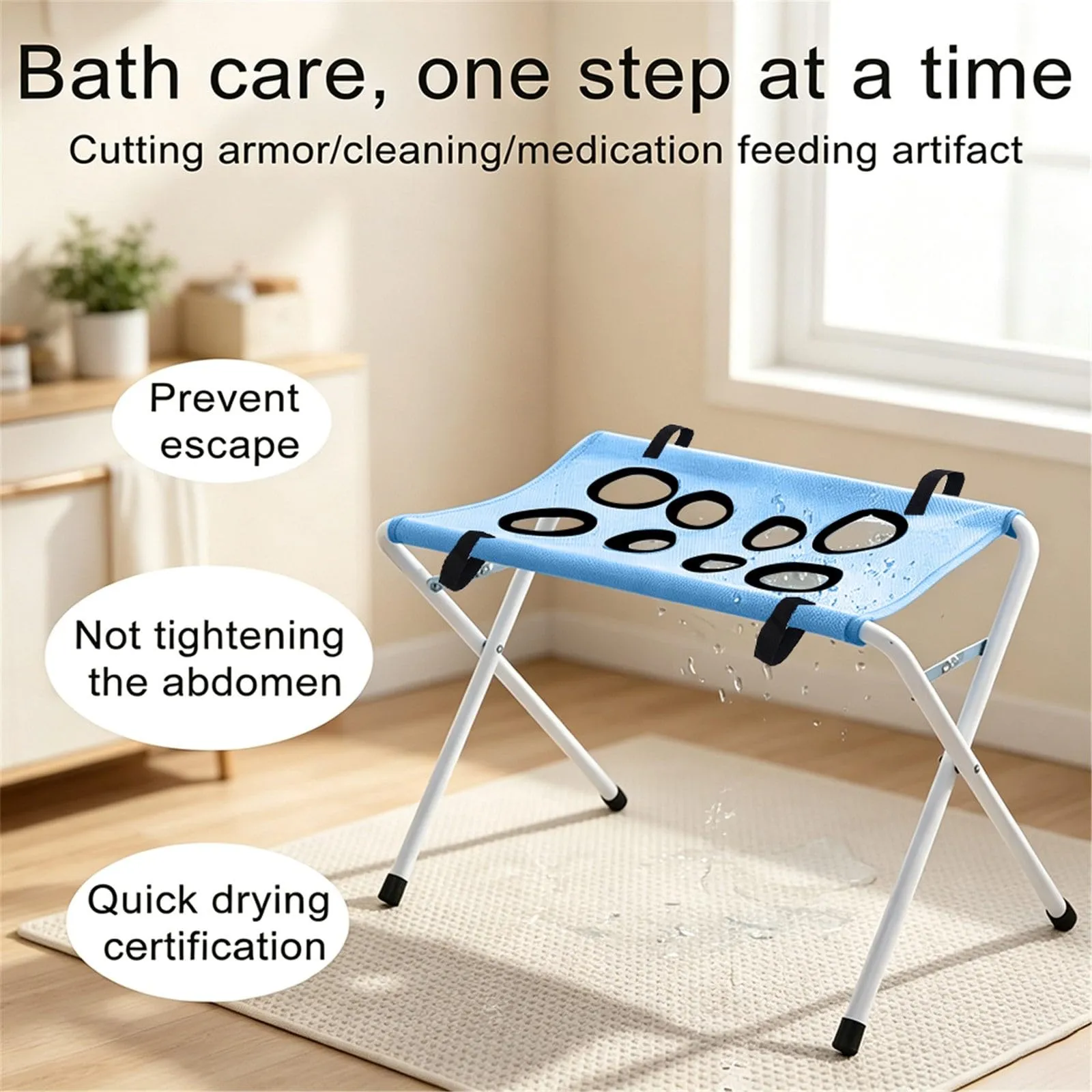 Tavolo da bagno e supporto per la toelettatura di cani e gatti, amaca con struttura triangolare e rete traspirante, blu - immagine 3