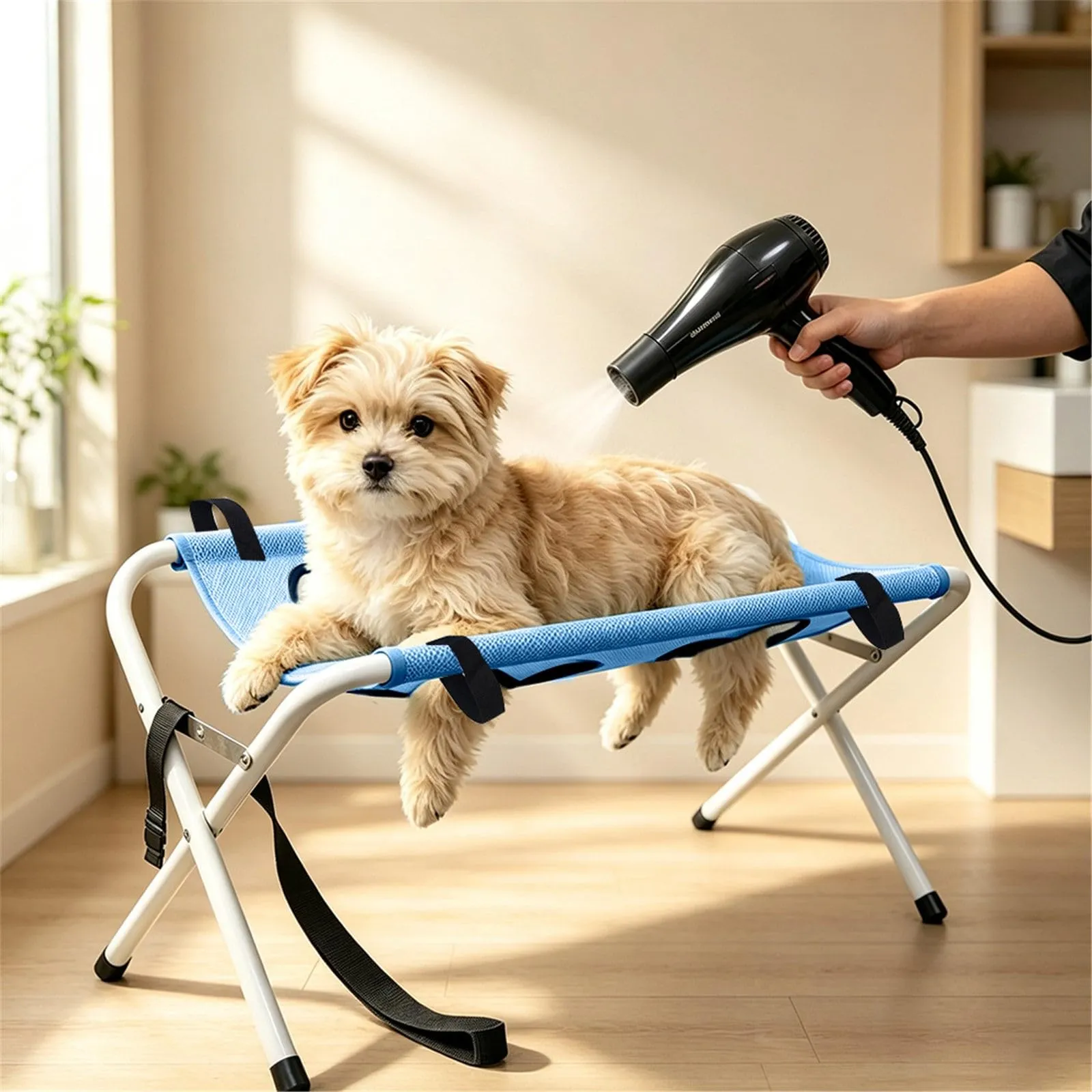 Tavolo da bagno e supporto per la toelettatura di cani e gatti, amaca con struttura triangolare e rete traspirante, blu - immagine 4