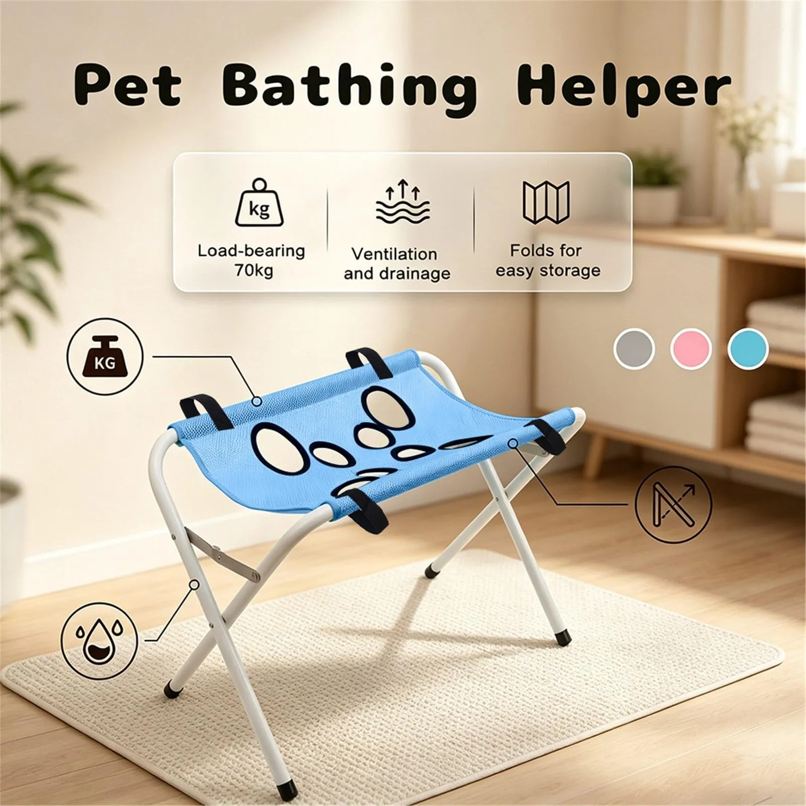 Tavolo da bagno e supporto per la toelettatura di cani e gatti, amaca con struttura triangolare e rete traspirante, blu - immagine 5