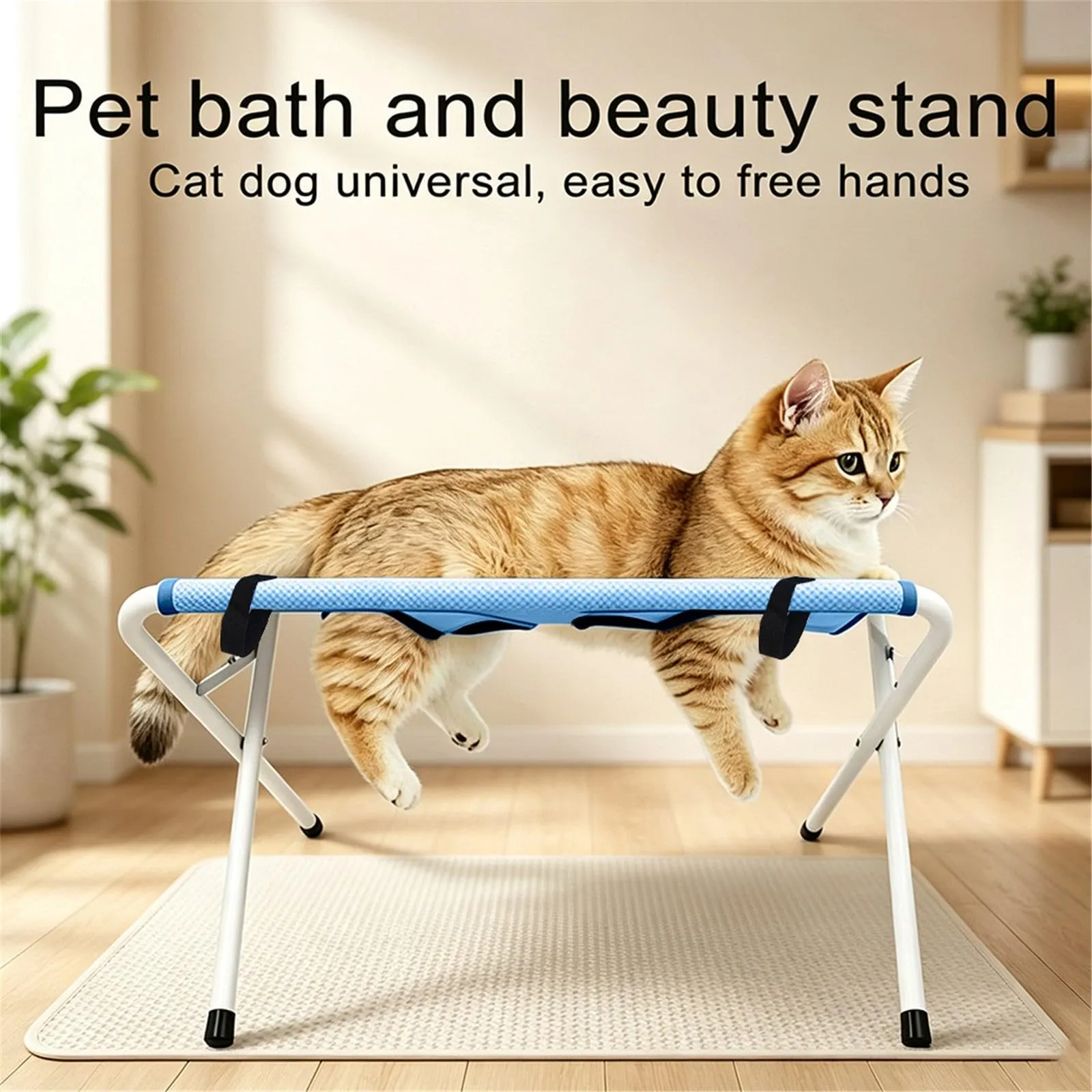 Tavolo da bagno e supporto per la toelettatura di cani e gatti, amaca con struttura triangolare e rete traspirante, blu - immagine 6