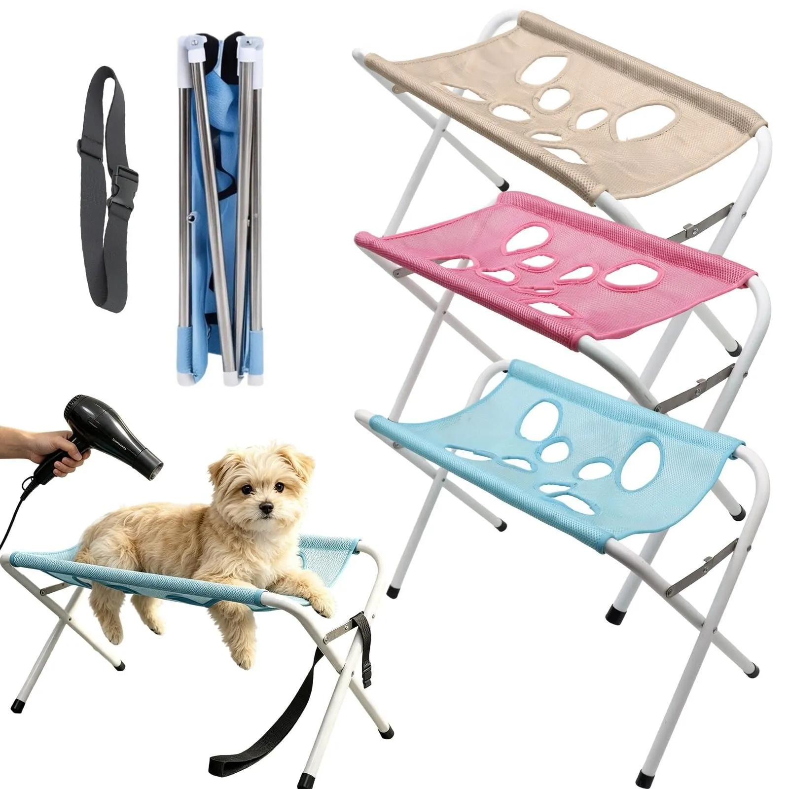 Tavolo da bagno e supporto per la toelettatura di cani e gatti, amaca con struttura triangolare e rete traspirante, blu - immagine 7