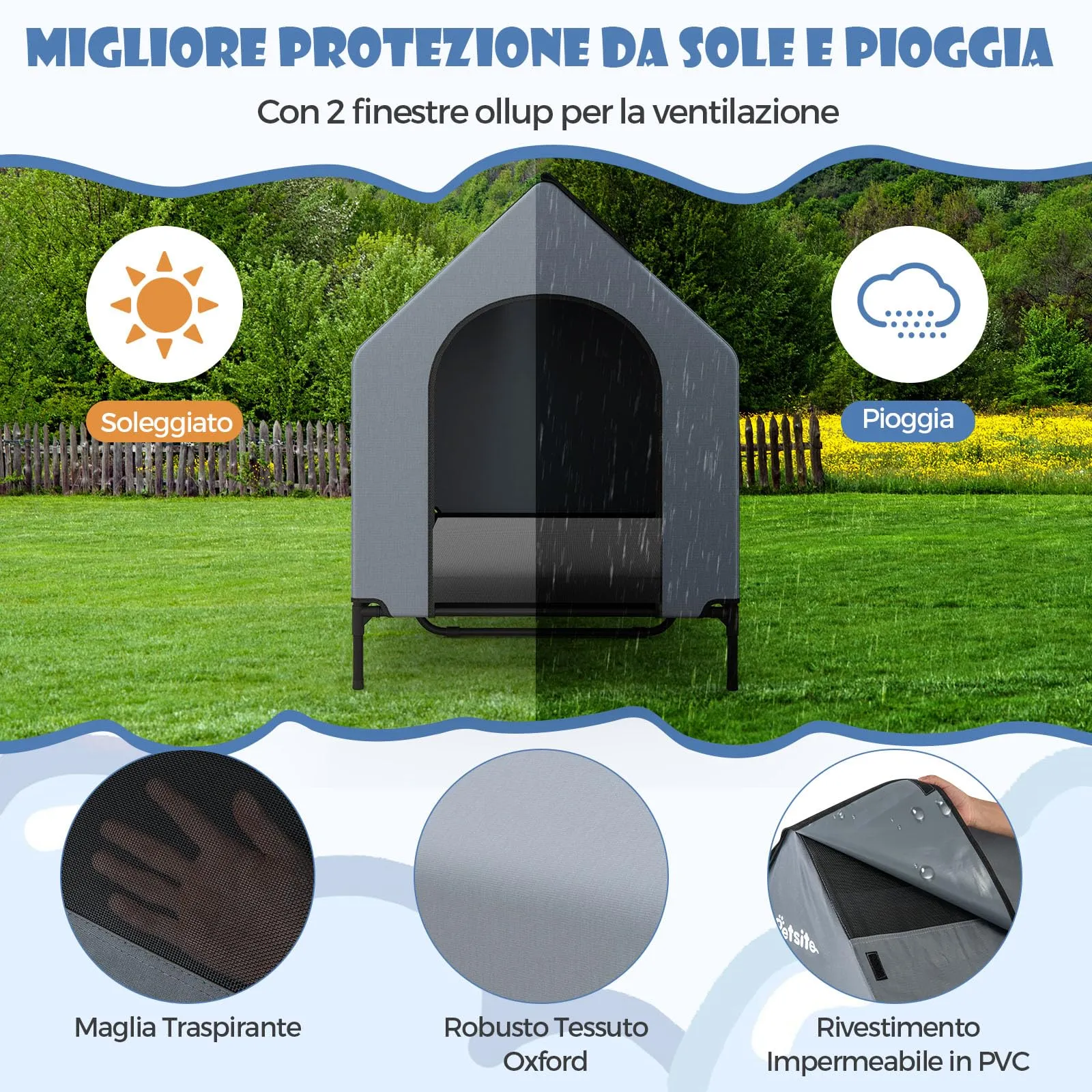 Costway Casetta per Cani, Letto Rialzato con Copertura Rimovibile e Impermeabile, Finestre Ventilate, Interno ed Esterno (84 x 132 x 114 cm) - immagine 2