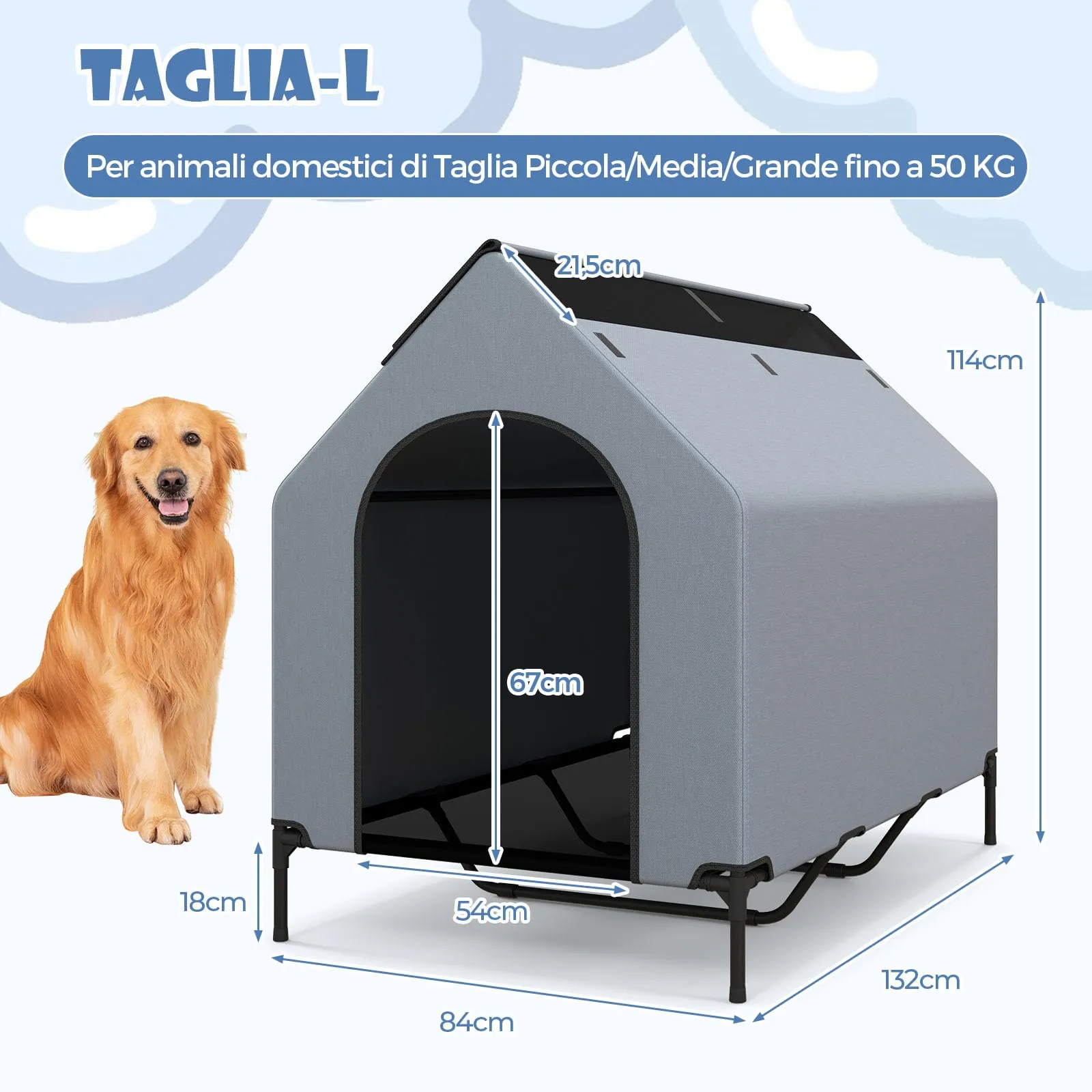Costway Casetta per Cani, Letto Rialzato con Copertura Rimovibile e Impermeabile, Finestre Ventilate, Interno ed Esterno (84 x 132 x 114 cm) - immagine 3