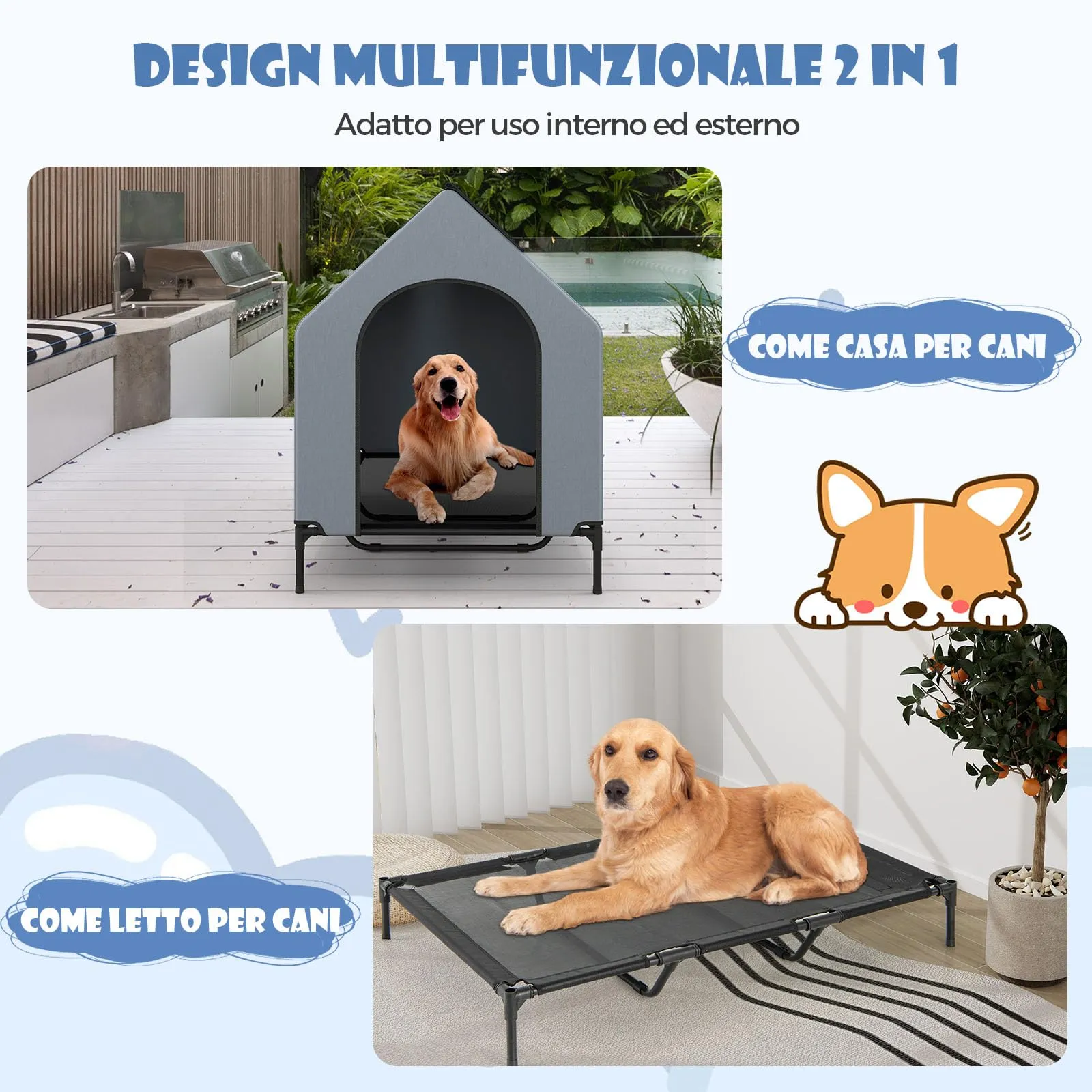 Costway Casetta per Cani, Letto Rialzato con Copertura Rimovibile e Impermeabile, Finestre Ventilate, Interno ed Esterno (84 x 132 x 114 cm) - immagine 7
