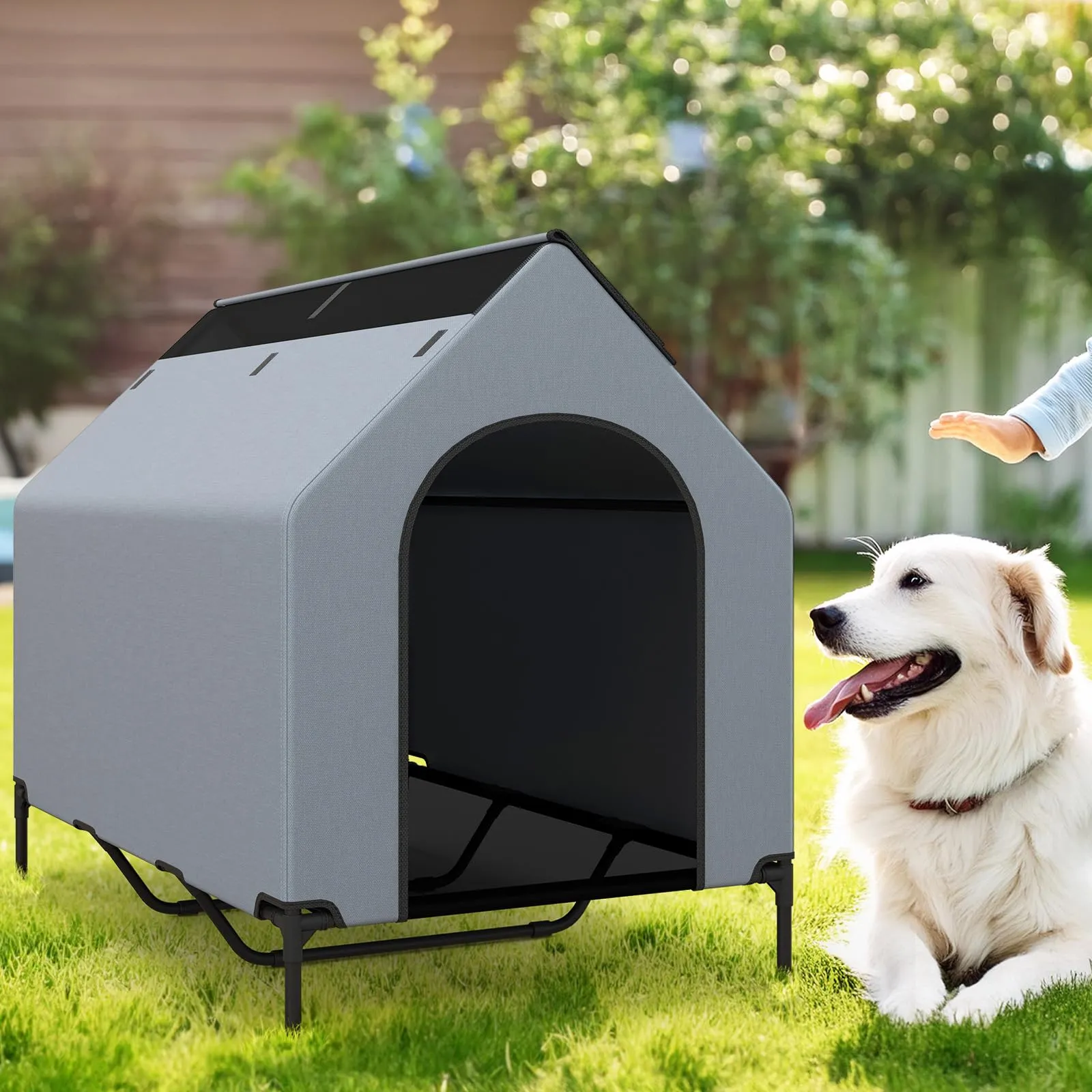 Costway Casetta per Cani, Letto Rialzato con Copertura Rimovibile e Impermeabile, Finestre Ventilate, Interno ed Esterno (84 x 132 x 114 cm) - immagine 9