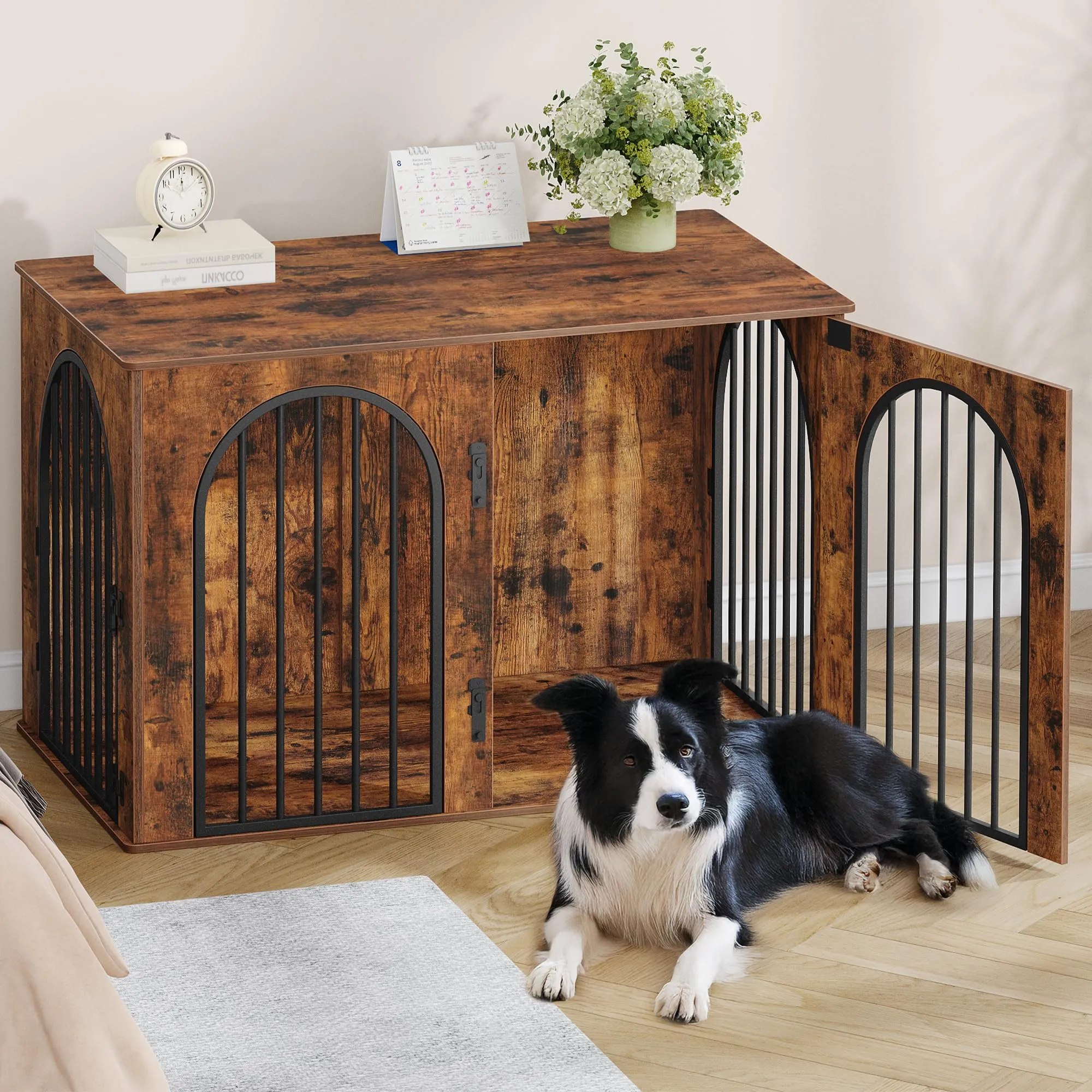 Hzuaneri Gabbia per Cani con Tavolo Supplemento, Cuccia Moderna Interna a 3 Porte, 64 x 108 x 76 cm, Marrone Rustico DFC86001B - immagine 1