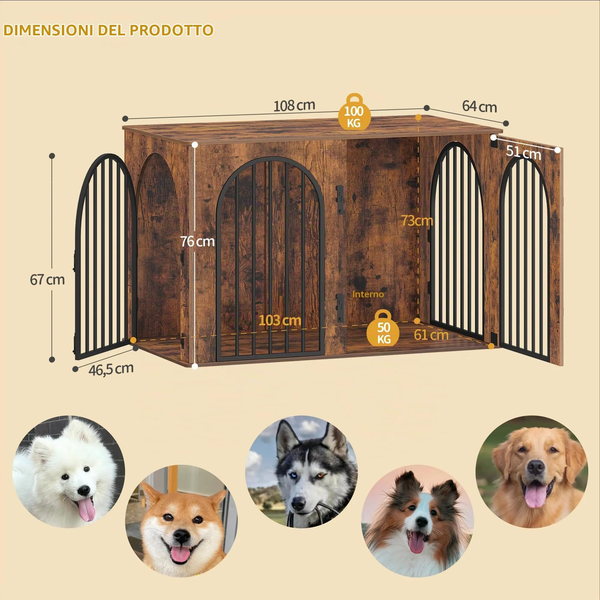 Hzuaneri Gabbia per Cani con Tavolo Supplemento, Cuccia Moderna Interna a 3 Porte, 64 x 108 x 76 cm, Marrone Rustico DFC86001B - immagine 2