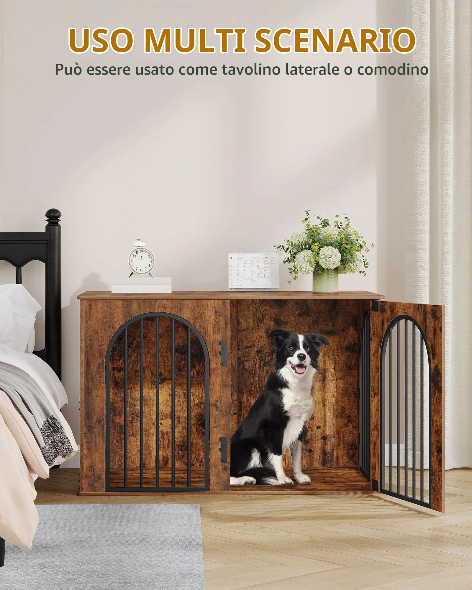 Hzuaneri Gabbia per Cani con Tavolo Supplemento, Cuccia Moderna Interna a 3 Porte, 64 x 108 x 76 cm, Marrone Rustico DFC86001B - immagine 3