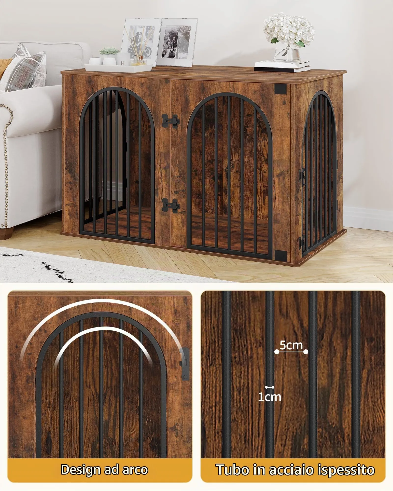 Hzuaneri Gabbia per Cani con Tavolo Supplemento, Cuccia Moderna Interna a 3 Porte, 64 x 108 x 76 cm, Marrone Rustico DFC86001B - immagine 4