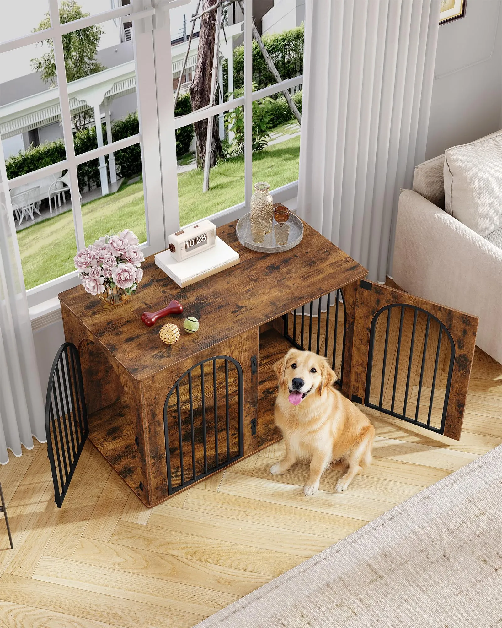 Hzuaneri Gabbia per Cani con Tavolo Supplemento, Cuccia Moderna Interna a 3 Porte, 64 x 108 x 76 cm, Marrone Rustico DFC86001B - immagine 6