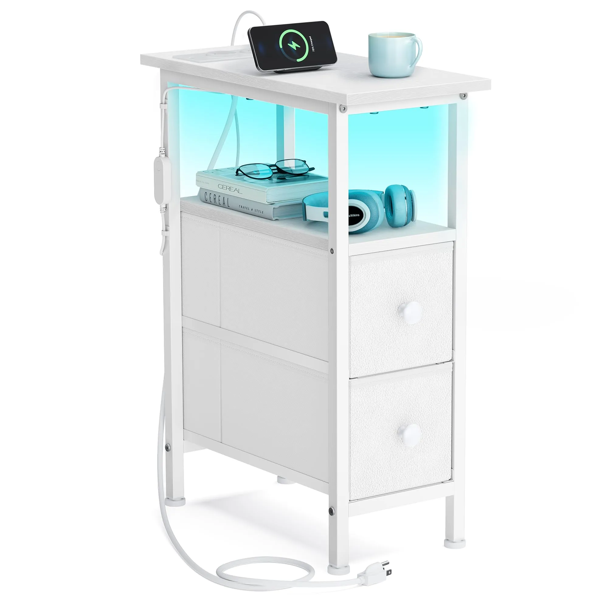 SONGMICS Comodino Slim con LED, Presa Multipla e 2 Cassetti, Bianco Nuvola - immagine 1