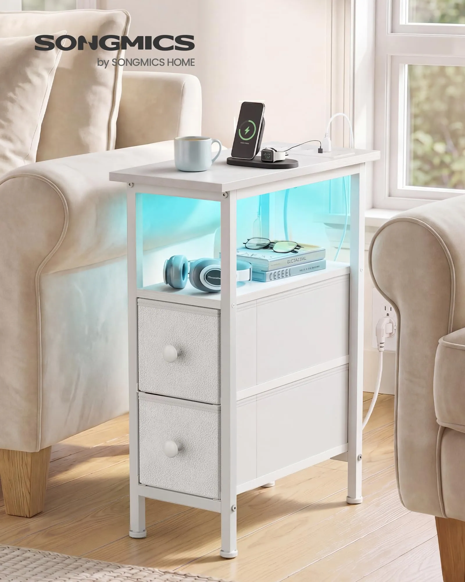 SONGMICS Comodino Slim con LED, Presa Multipla e 2 Cassetti, Bianco Nuvola - immagine 2
