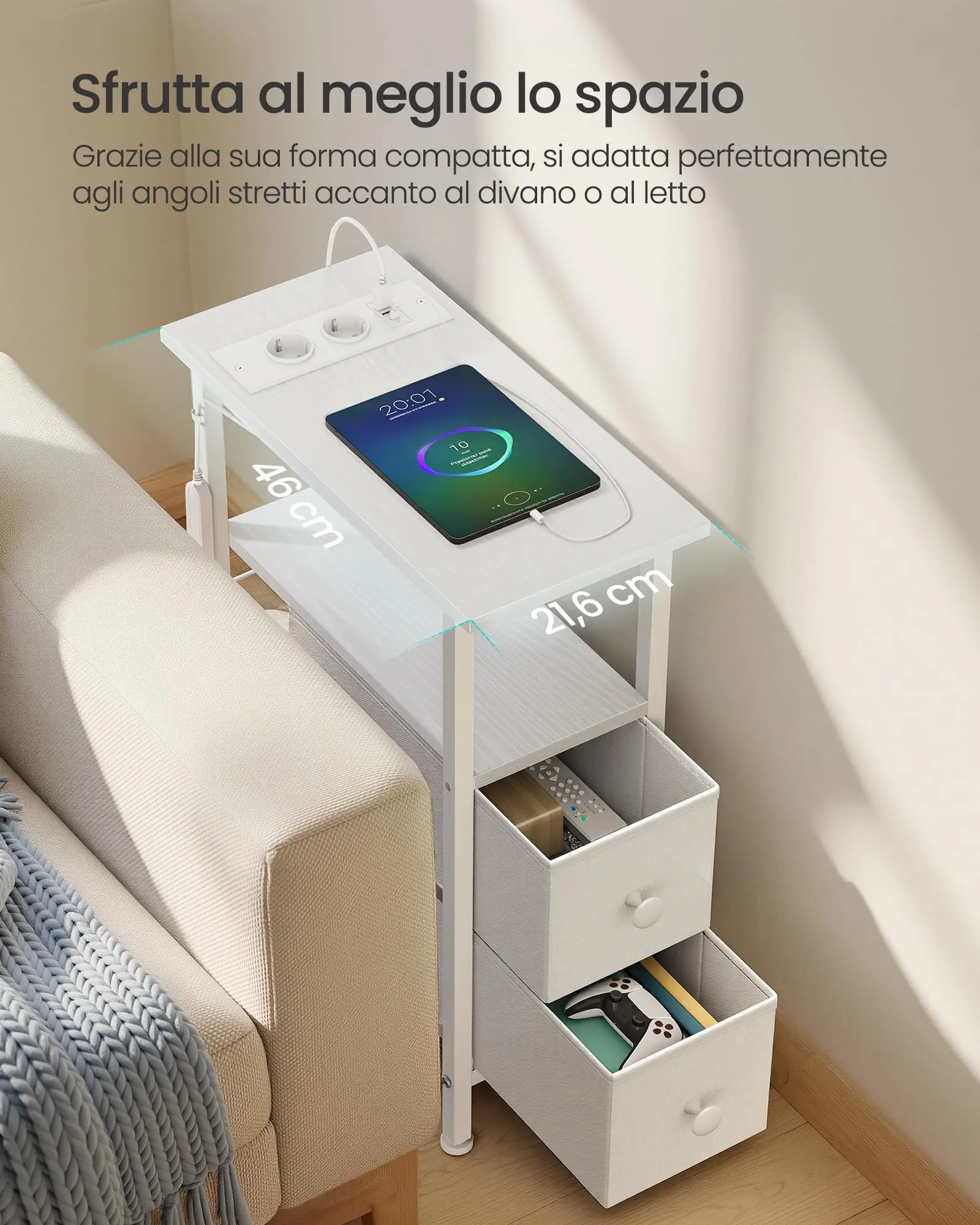 SONGMICS Comodino Slim con LED, Presa Multipla e 2 Cassetti, Bianco Nuvola - immagine 3