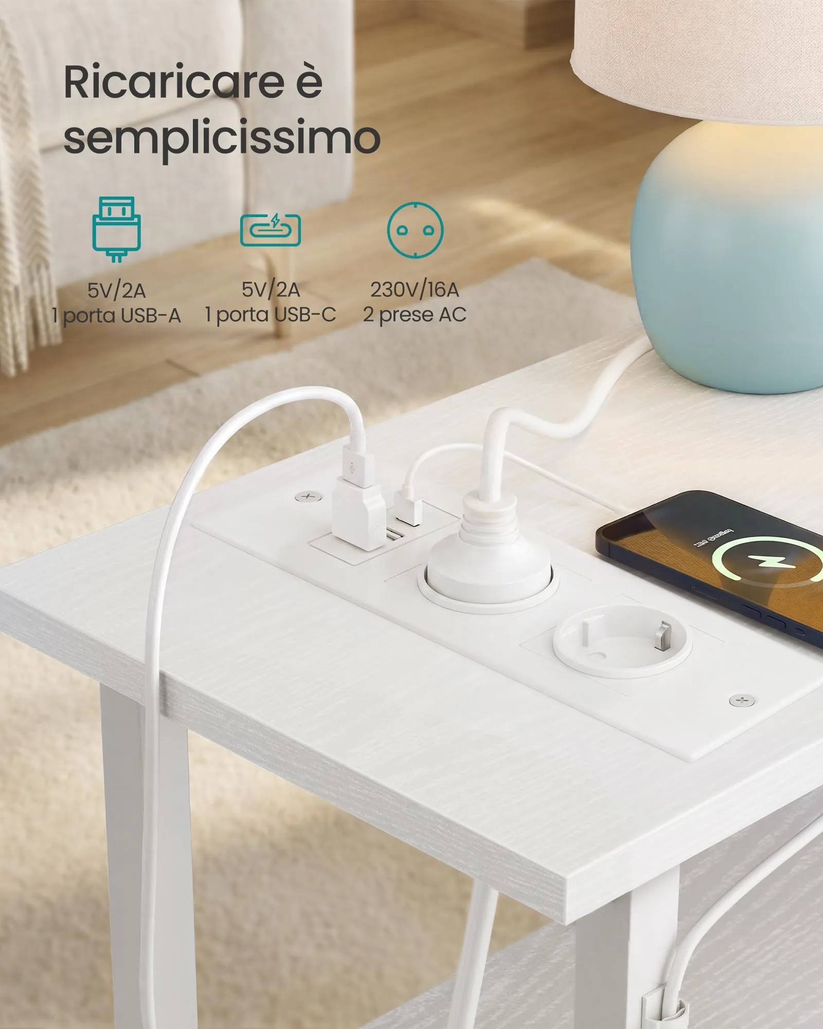 SONGMICS Comodino Slim con LED, Presa Multipla e 2 Cassetti, Bianco Nuvola - immagine 4