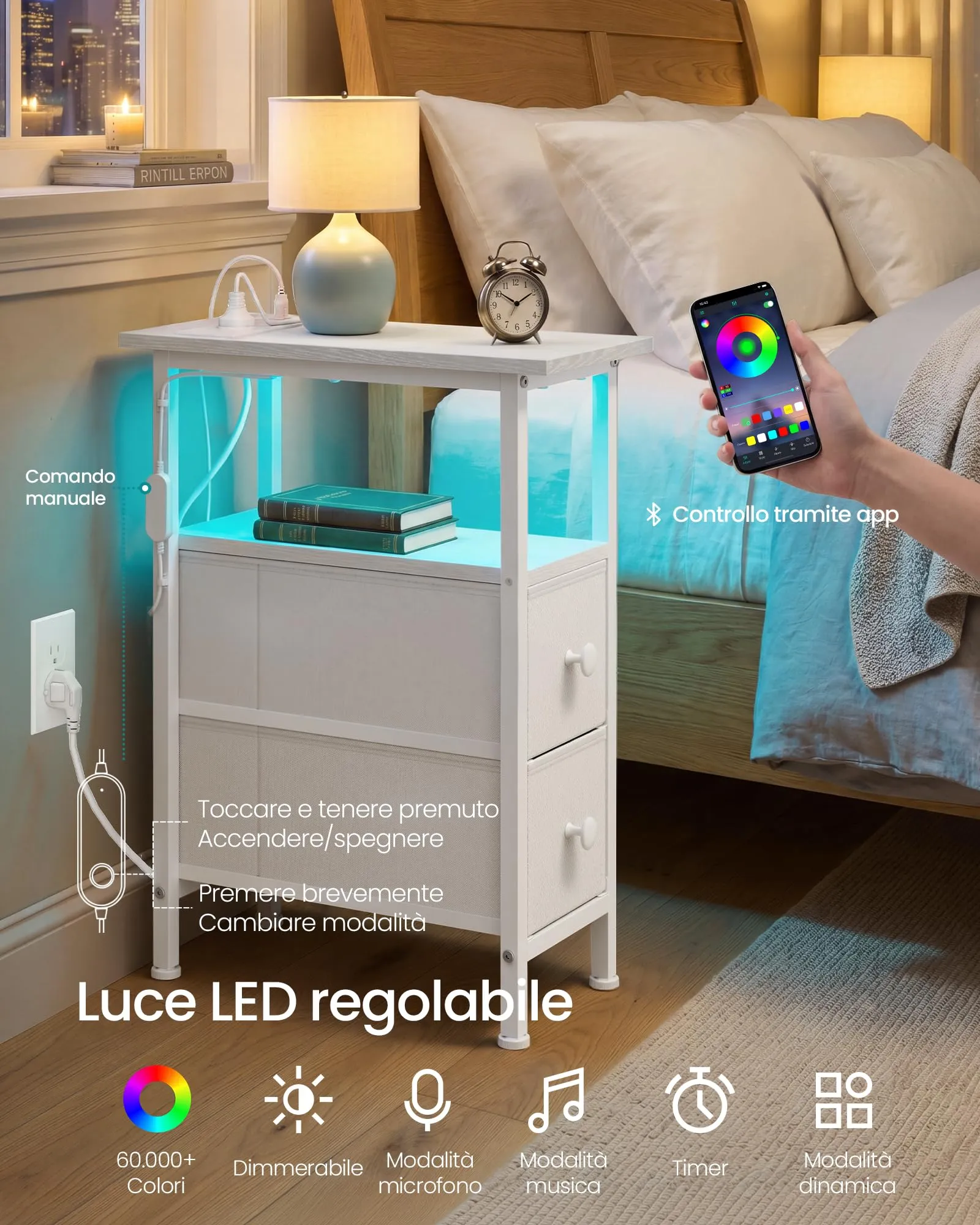 SONGMICS Comodino Slim con LED, Presa Multipla e 2 Cassetti, Bianco Nuvola - immagine 5
