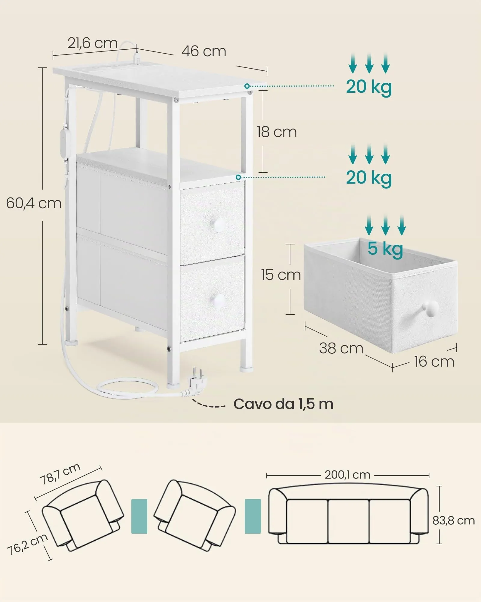 SONGMICS Comodino Slim con LED, Presa Multipla e 2 Cassetti, Bianco Nuvola - immagine 6