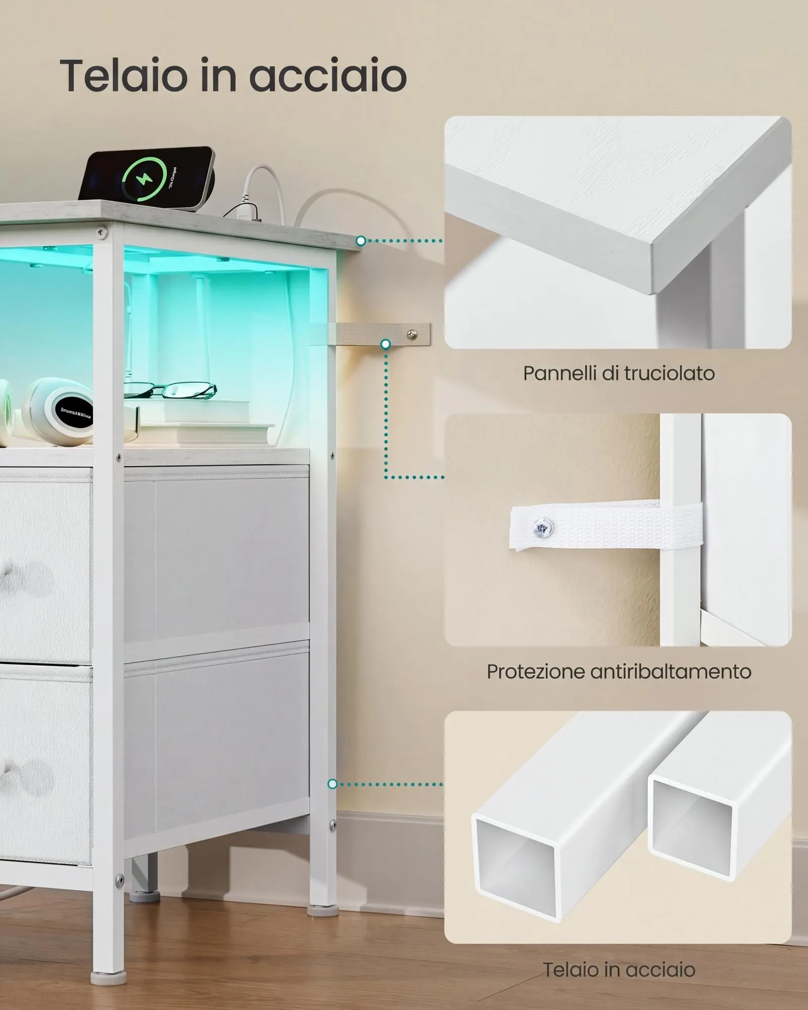 SONGMICS Comodino Slim con LED, Presa Multipla e 2 Cassetti, Bianco Nuvola - immagine 7