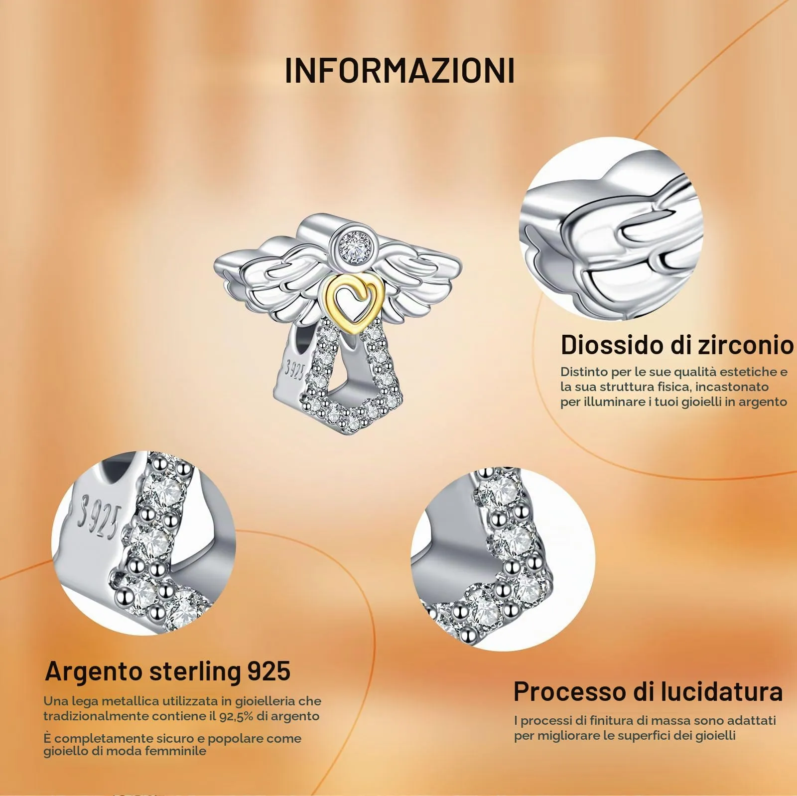 Rimgoris Angel Wing Love Bead Charm in Argento Sterling 925 per Bracciali e Collane - immagine 6