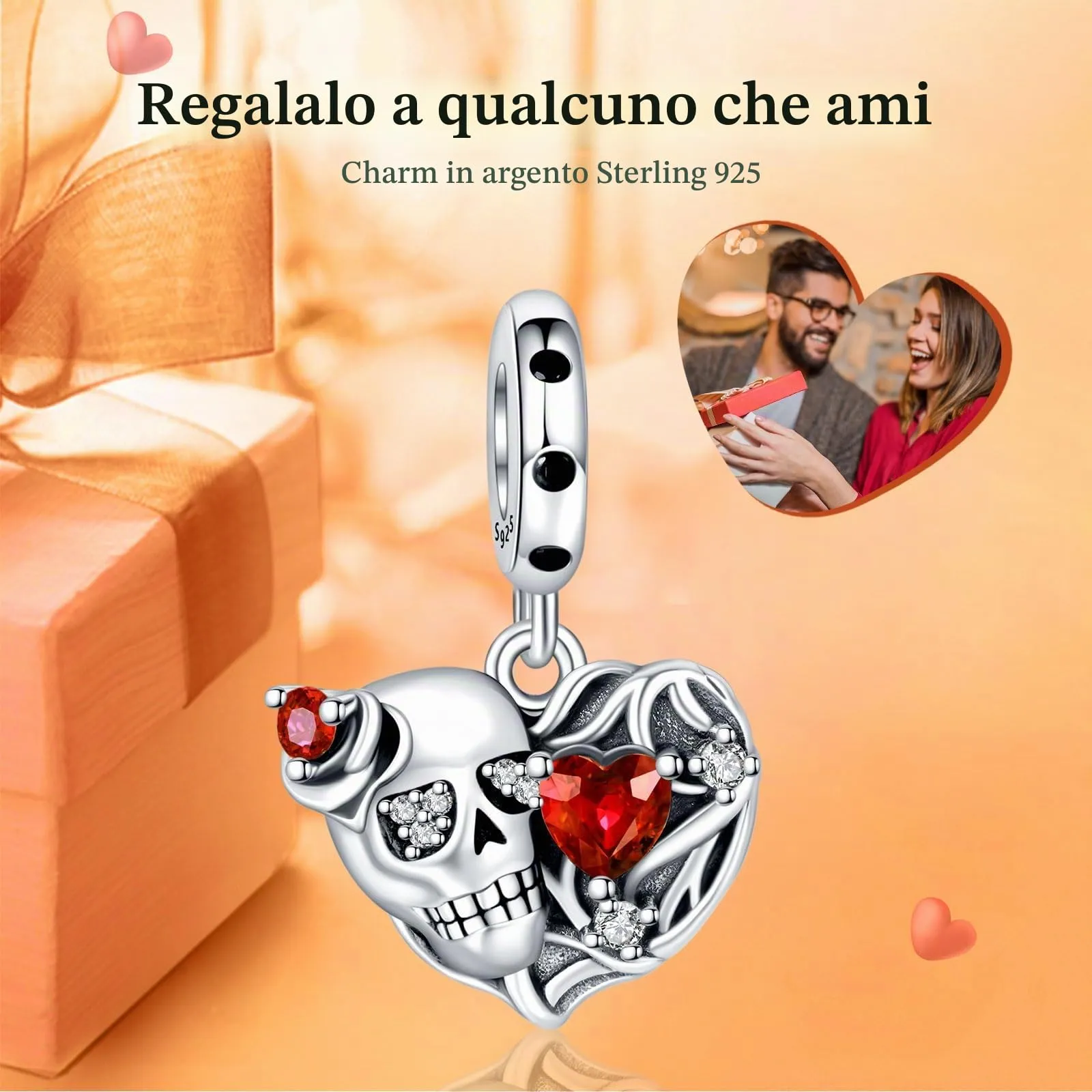 Rimgoris Ciondolo Charm Teschio Cuore Rubino in Argento Sterling 925 per Bracciali e Collane - immagine 2