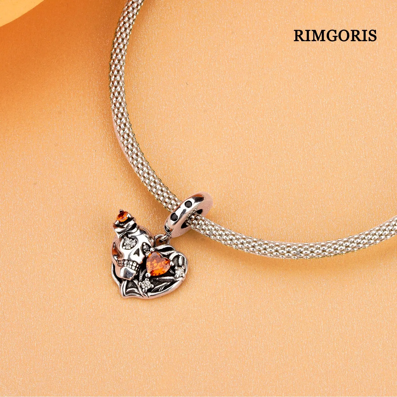 Rimgoris Ciondolo Charm Teschio Cuore Rubino in Argento Sterling 925 per Bracciali e Collane - immagine 4