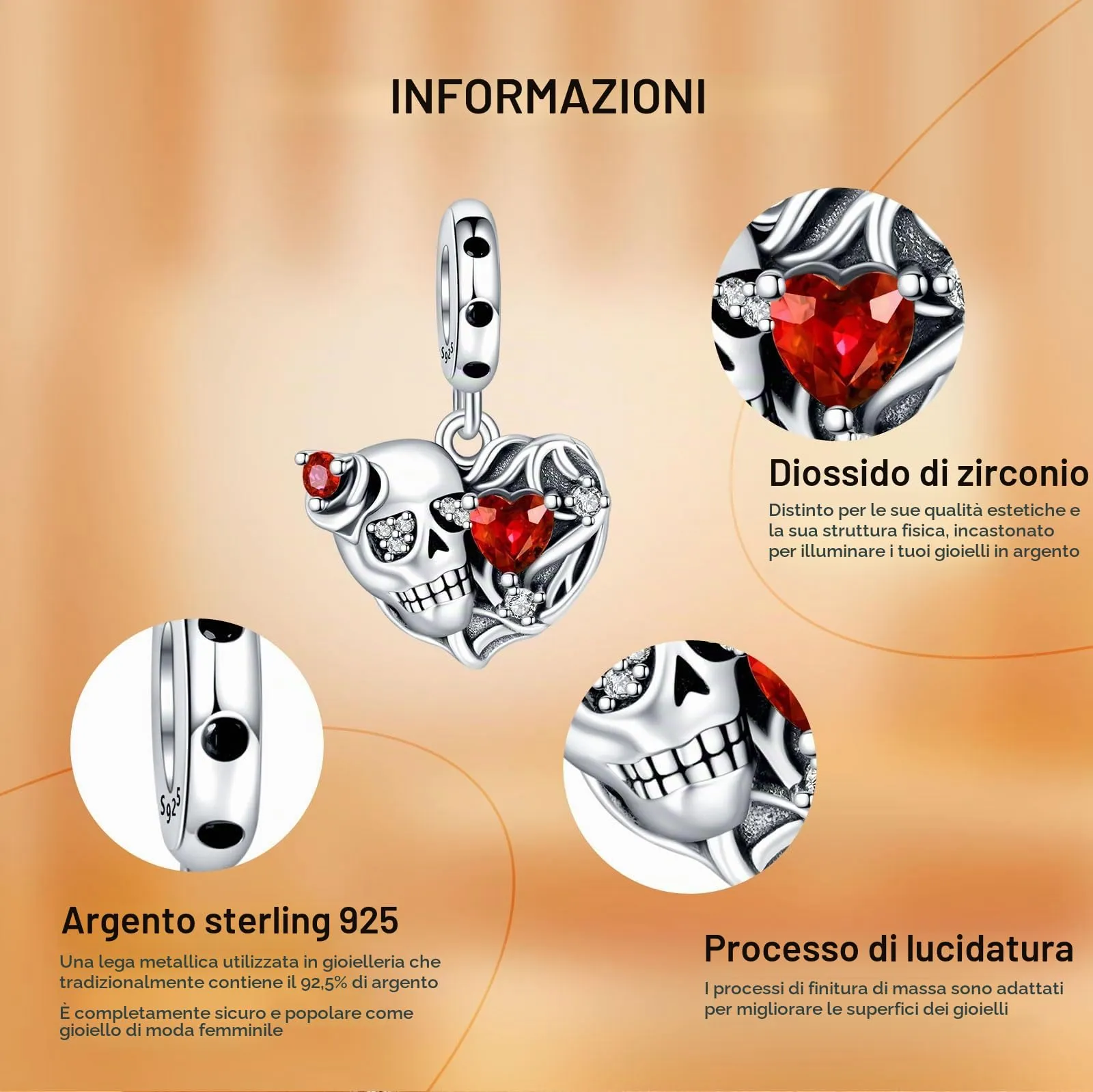 Rimgoris Ciondolo Charm Teschio Cuore Rubino in Argento Sterling 925 per Bracciali e Collane - immagine 6