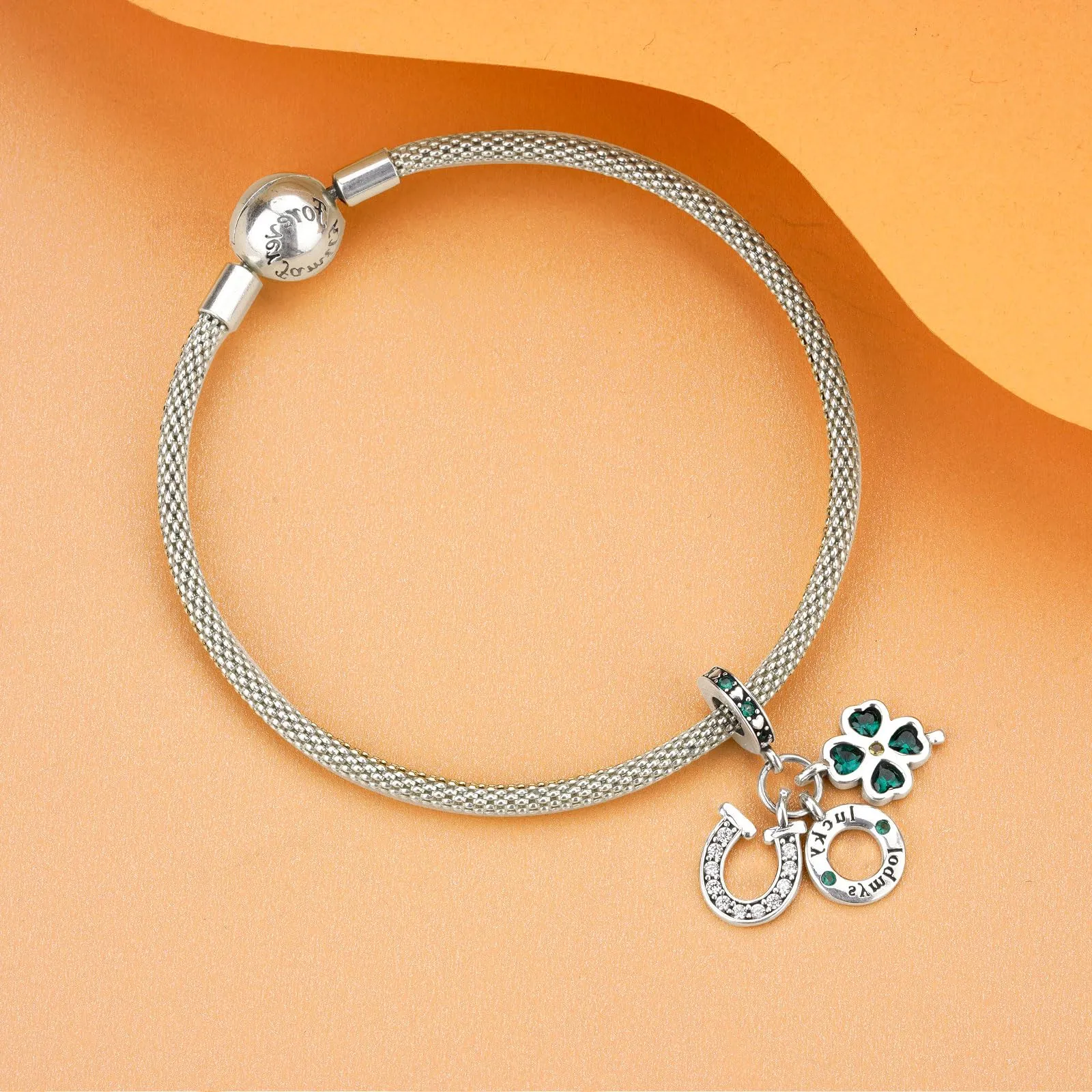 Rimgoris 925 Argento Sterling Charm Ferro di Cavallo e Quadrifoglio Verde per Bracciali e Collane da Donna - immagine 3