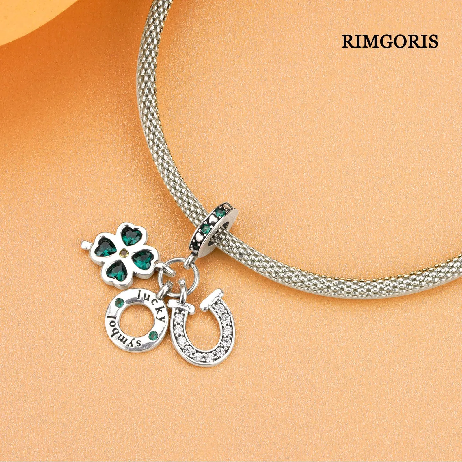 Rimgoris 925 Argento Sterling Charm Ferro di Cavallo e Quadrifoglio Verde per Bracciali e Collane da Donna - immagine 4