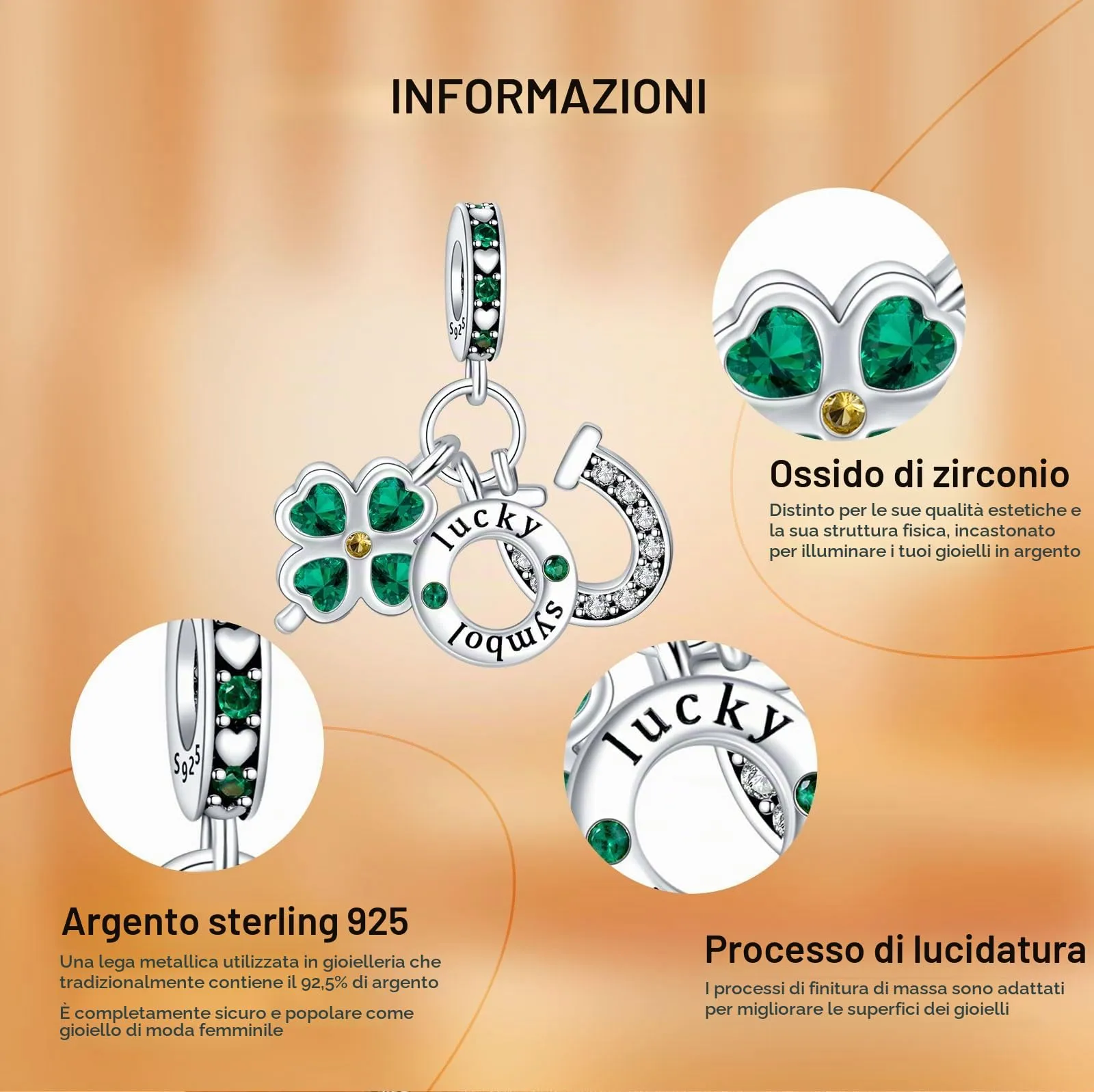 Rimgoris 925 Argento Sterling Charm Ferro di Cavallo e Quadrifoglio Verde per Bracciali e Collane da Donna - immagine 6