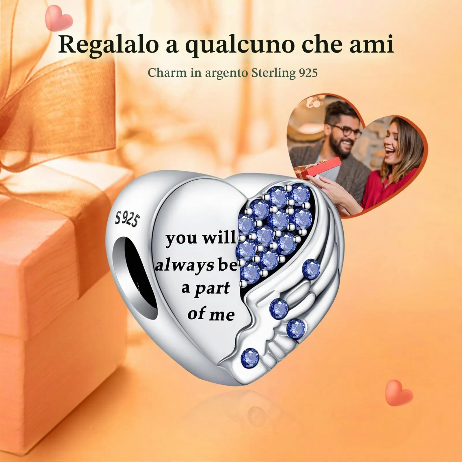 Rimgoris Charm in Argento Sterling 925 Ala d'Angelo e Cuore per Bracciali e Collane da Donna - immagine 2