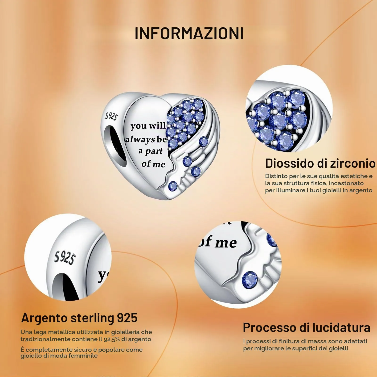 Rimgoris Charm in Argento Sterling 925 Ala d'Angelo e Cuore per Bracciali e Collane da Donna - immagine 6