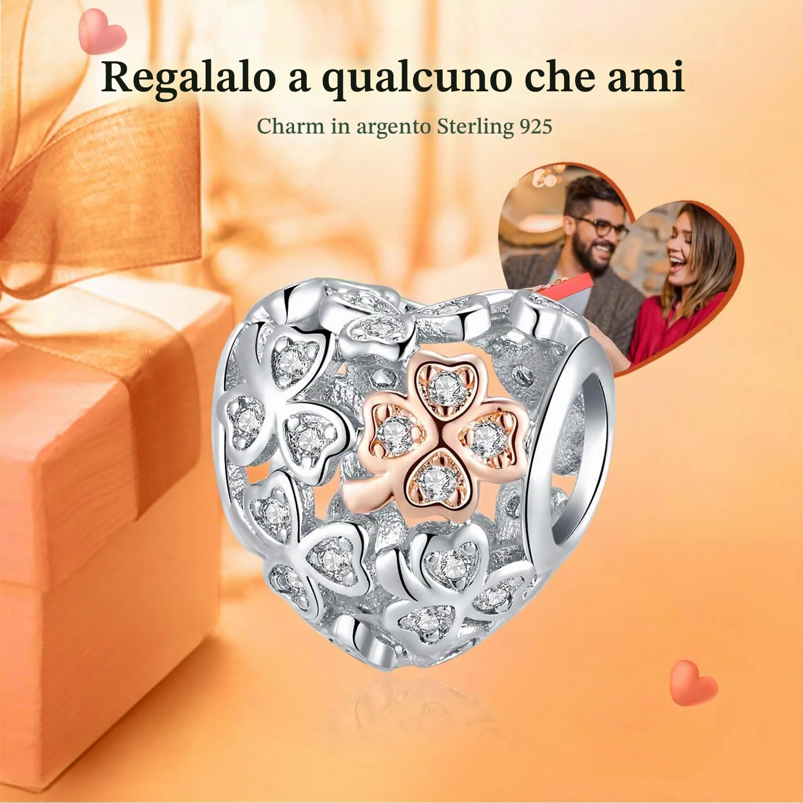 Rimgoris Argento 925 Charm Quadrifoglio Bicolore per Bracciali e Collane - immagine 2
