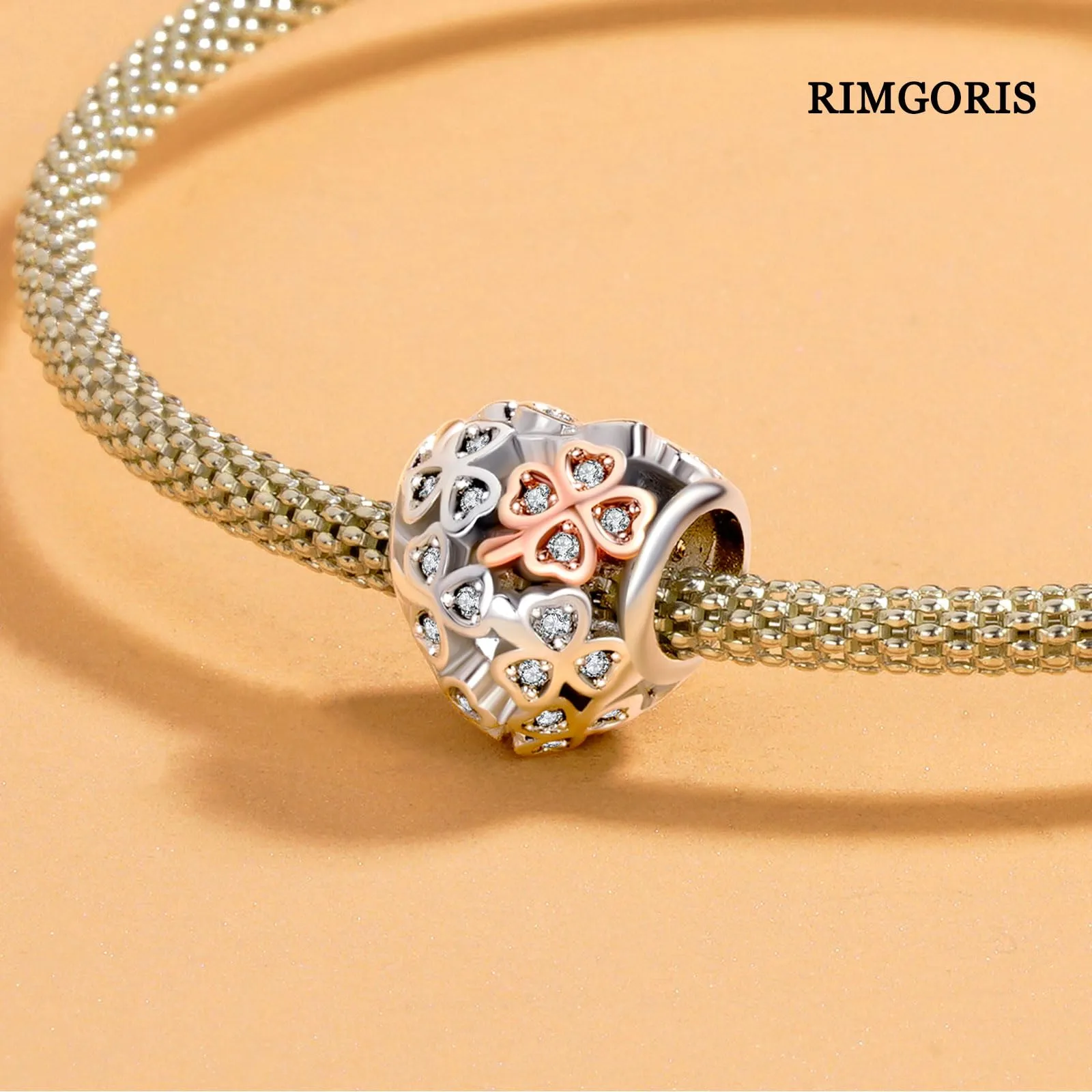 Rimgoris Argento 925 Charm Quadrifoglio Bicolore per Bracciali e Collane - immagine 4