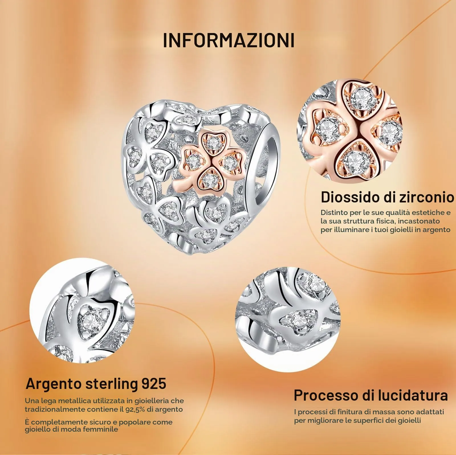 Rimgoris Argento 925 Charm Quadrifoglio Bicolore per Bracciali e Collane - immagine 6