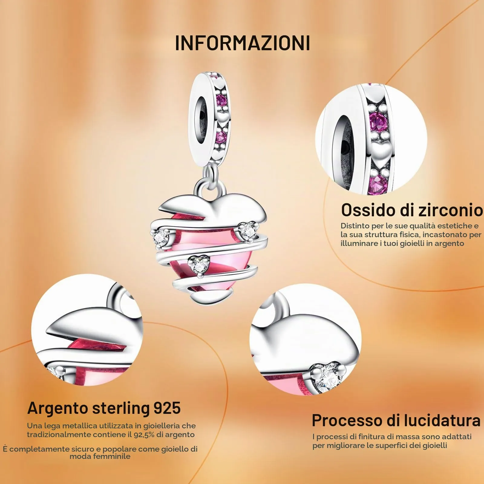 Rimgoris Argento 925 Charm Cuore Rosso Intrecciato per Bracciali e Collana - immagine 5