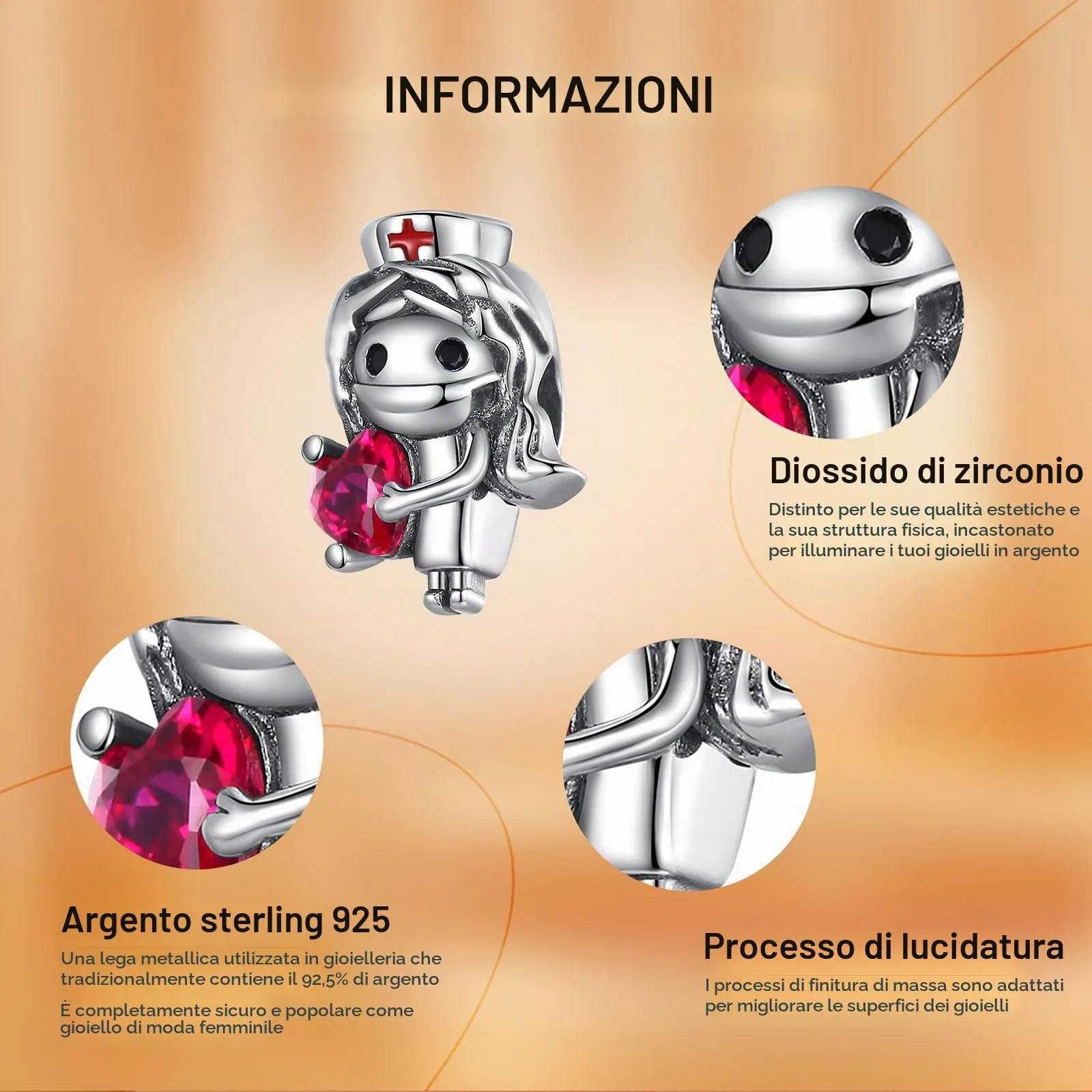 Rimgoris Ciondolo in Argento Sterling 925 per Braccialetti e Collane Infermiera con Rubino 5A e Zirconi Cubici - immagine 4