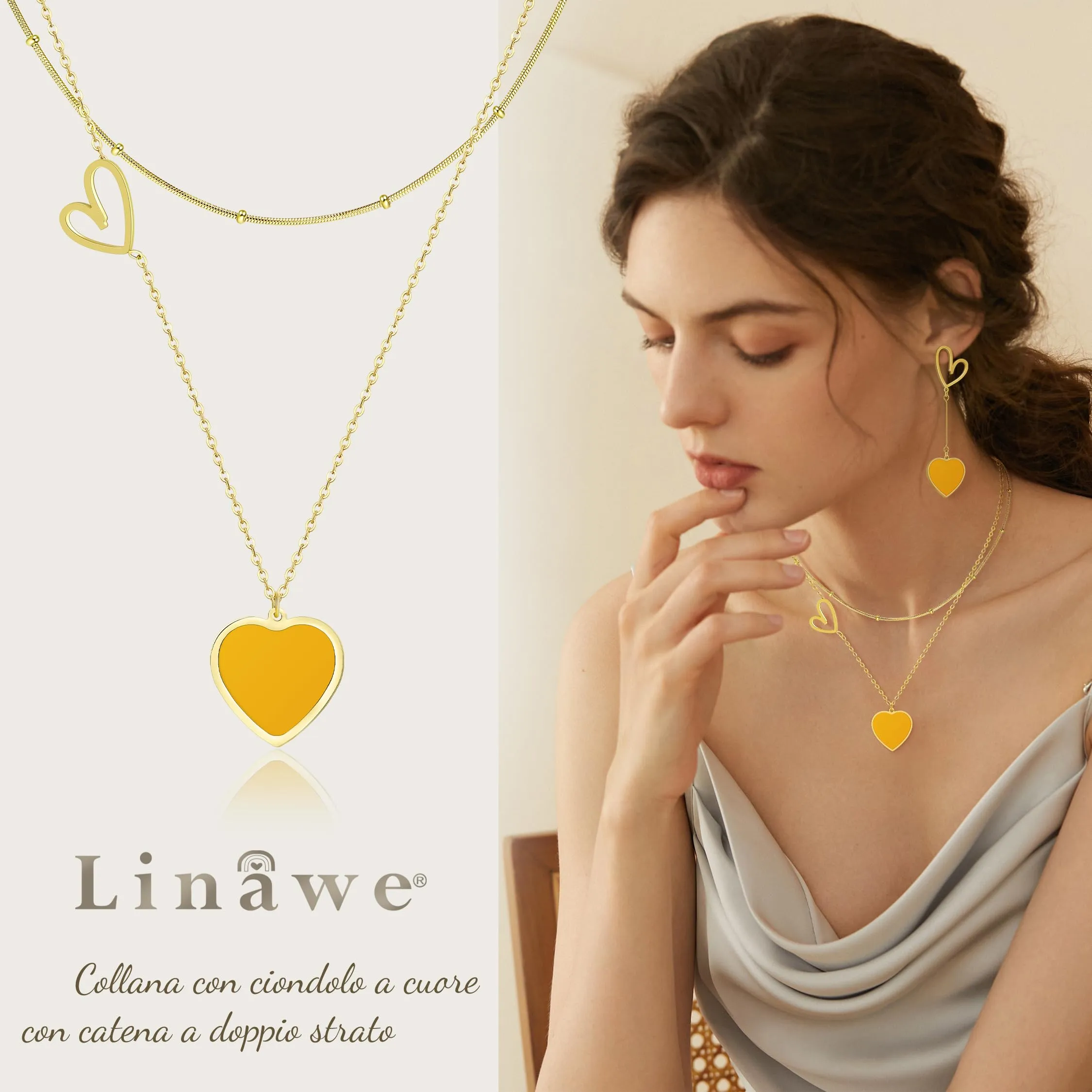 Linawe Collana a cuore a strati in acciaio inossidabile placcato oro - immagine 2
