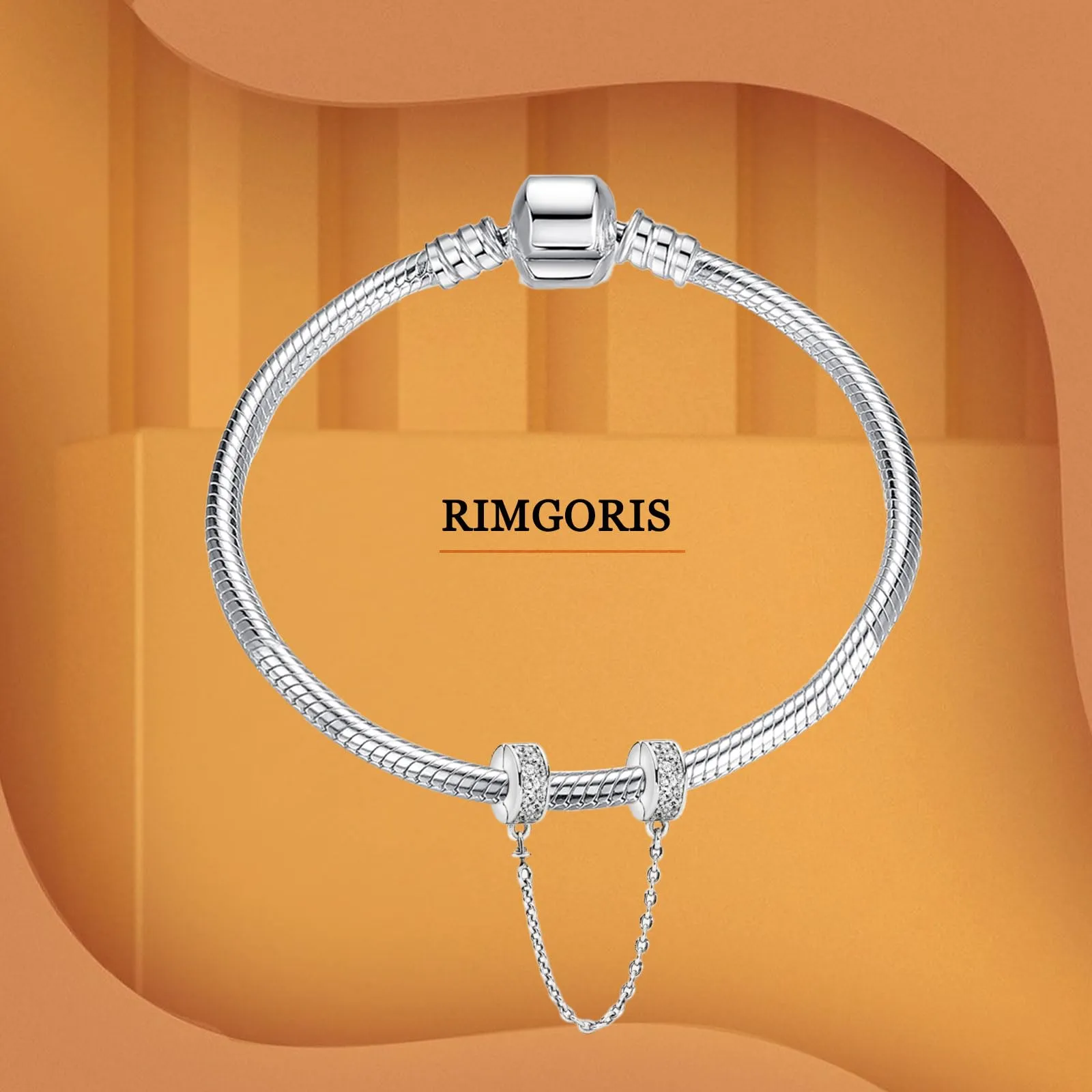 Rimgoris Argento 925 Charm per Bracciali e Collana con Chiusura di Cristallo e Catena di Sicurezza - immagine 2
