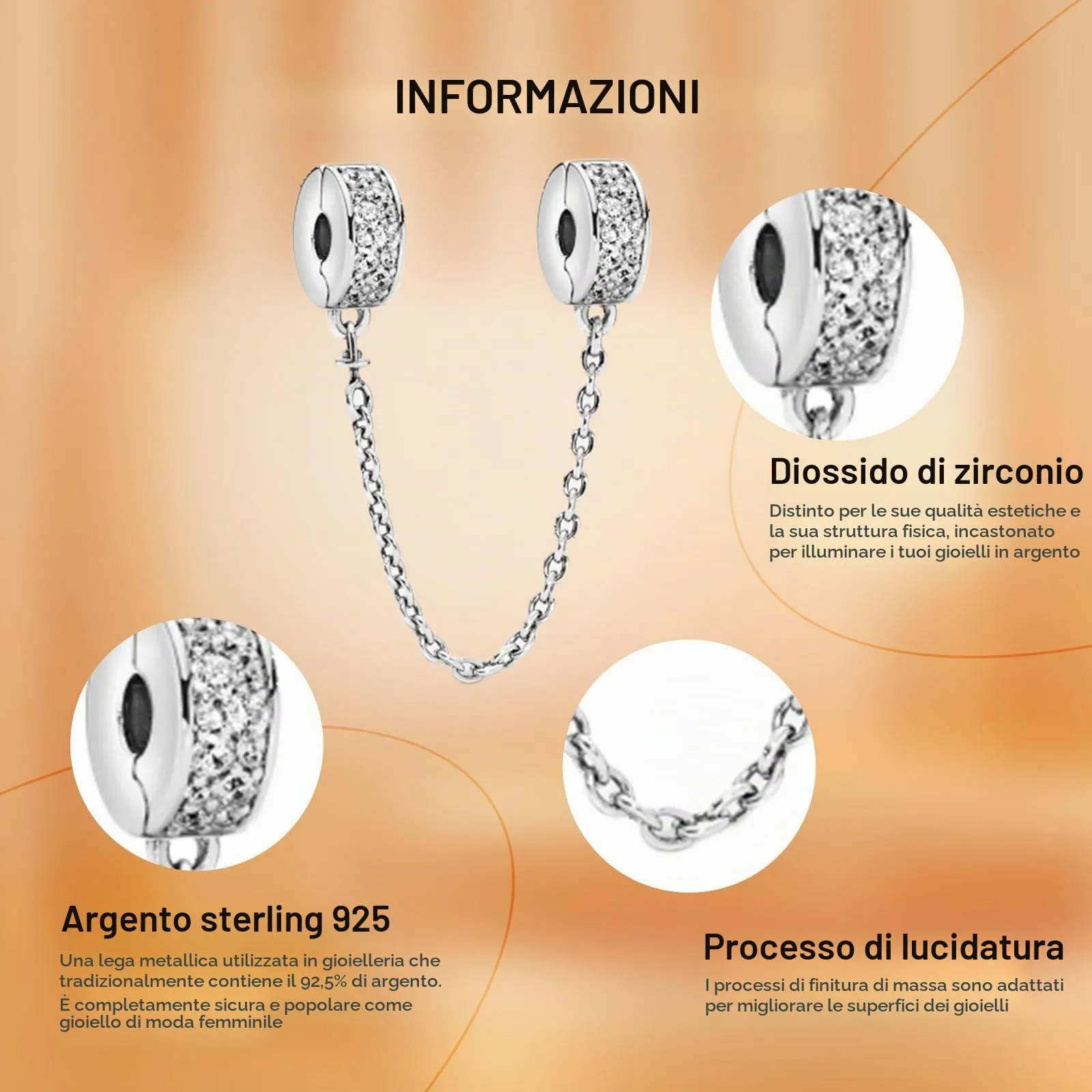 Rimgoris Argento 925 Charm per Bracciali e Collana con Chiusura di Cristallo e Catena di Sicurezza - immagine 4