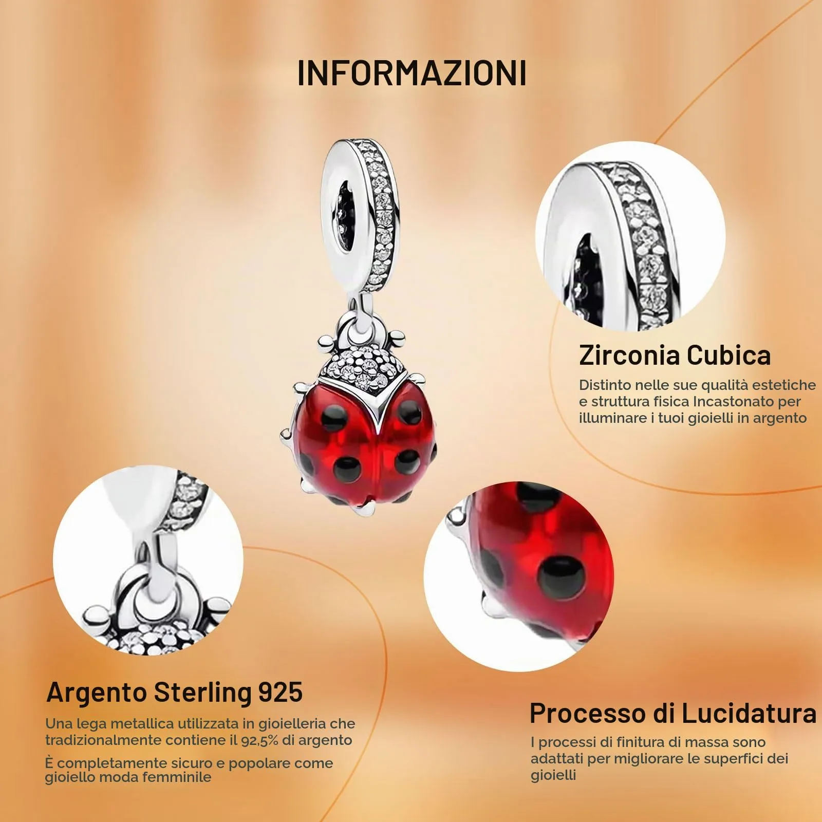 Rimgoris 925 Sterling Silver Charms for Women's Bracelets and Necklaces, Ladybug and Cat Design with Crystal, Rose Gold - immagine 5