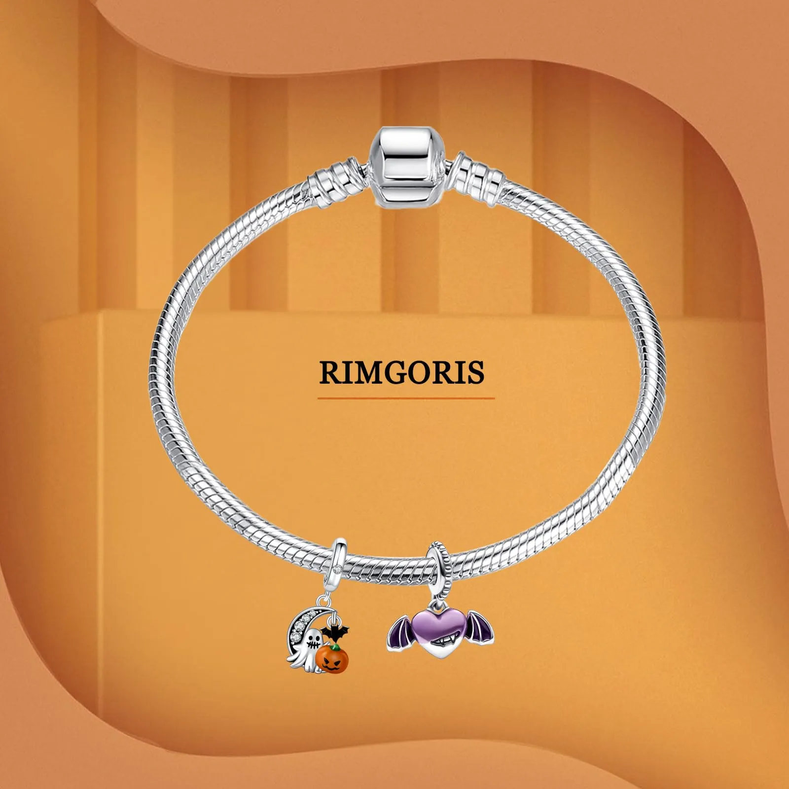 Rimgoris 925 Sterling Silver Halloween Pumpkin Bat Demon Charm with Cubic Zirconia for Bracelets and Necklaces - immagine 2