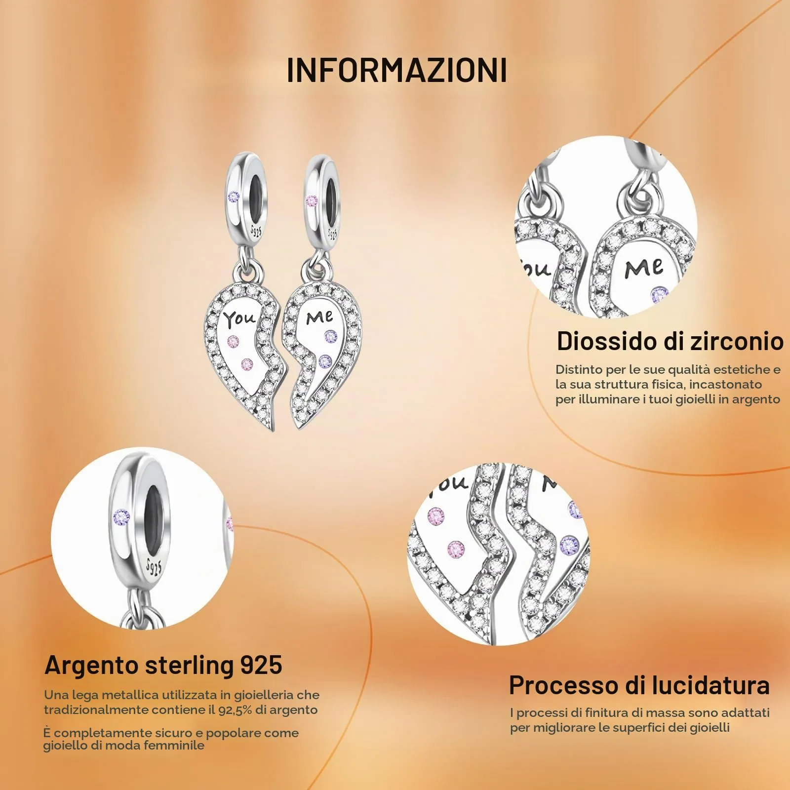 Rimgoris 925 Sterling Silver Heart Pendant Charm Bracelet and Necklace with Zirconia - immagine 4