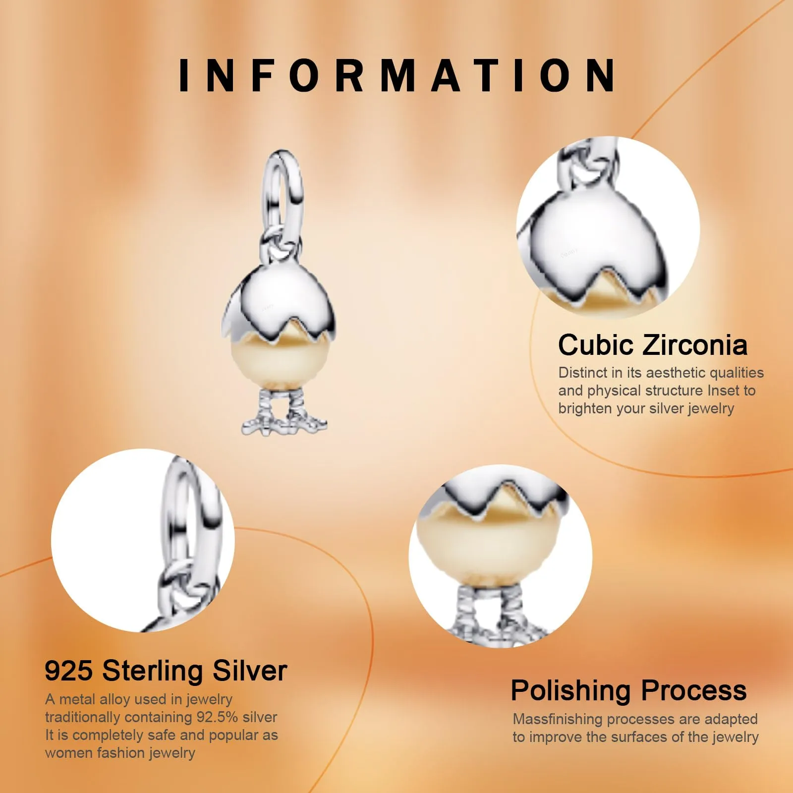 Rimgoris 925 Sterling Silver Unshelled Chicken Pendant Charm with Zirconia for Women's Bracelets and Necklaces - immagine 4